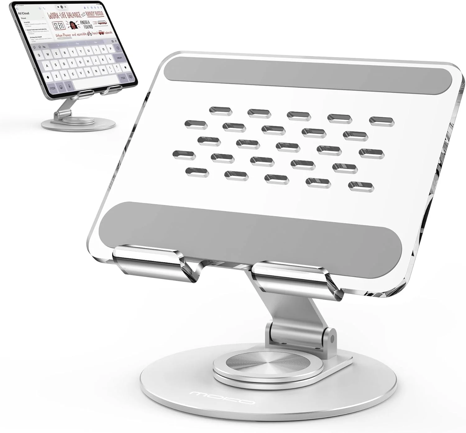 پایه نگهدارنده آیپد قابل تنظیم MoKo - با پایه چرخان 360 درجه، سازگار با دستگاه های 4.7 تا 12.9 اینچی، شفاف + نقره ای