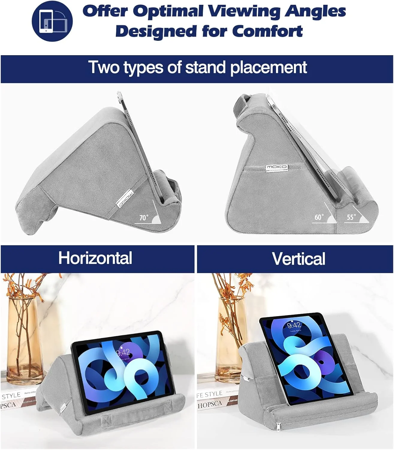 پایه نگهدارنده تبلت MoKo، بالشتک نرم نگهدارنده تبلت، با زوایای دید چندگانه و جیب ذخیره سازی، مناسب برای آیپد 10.2 2021/آیپد ایر 5/4/3/آیپد پرو 11/12.9 2022، آیپد نسل 10، گلکسی تب، آیفون، خاکستری پایه نگهدارنده تبلت MoKo، بالشتک نرم نگهدارنده تبلت، با زوایای دید چندگانه و جیب ذخیره سازی، مناسب برای آیپد 10.2 2021/آیپد ایر 5/4/3/آیپد پرو 11/12.9 2022، آیپد نسل 10، گلکسی تب، آیفون، خاکستری