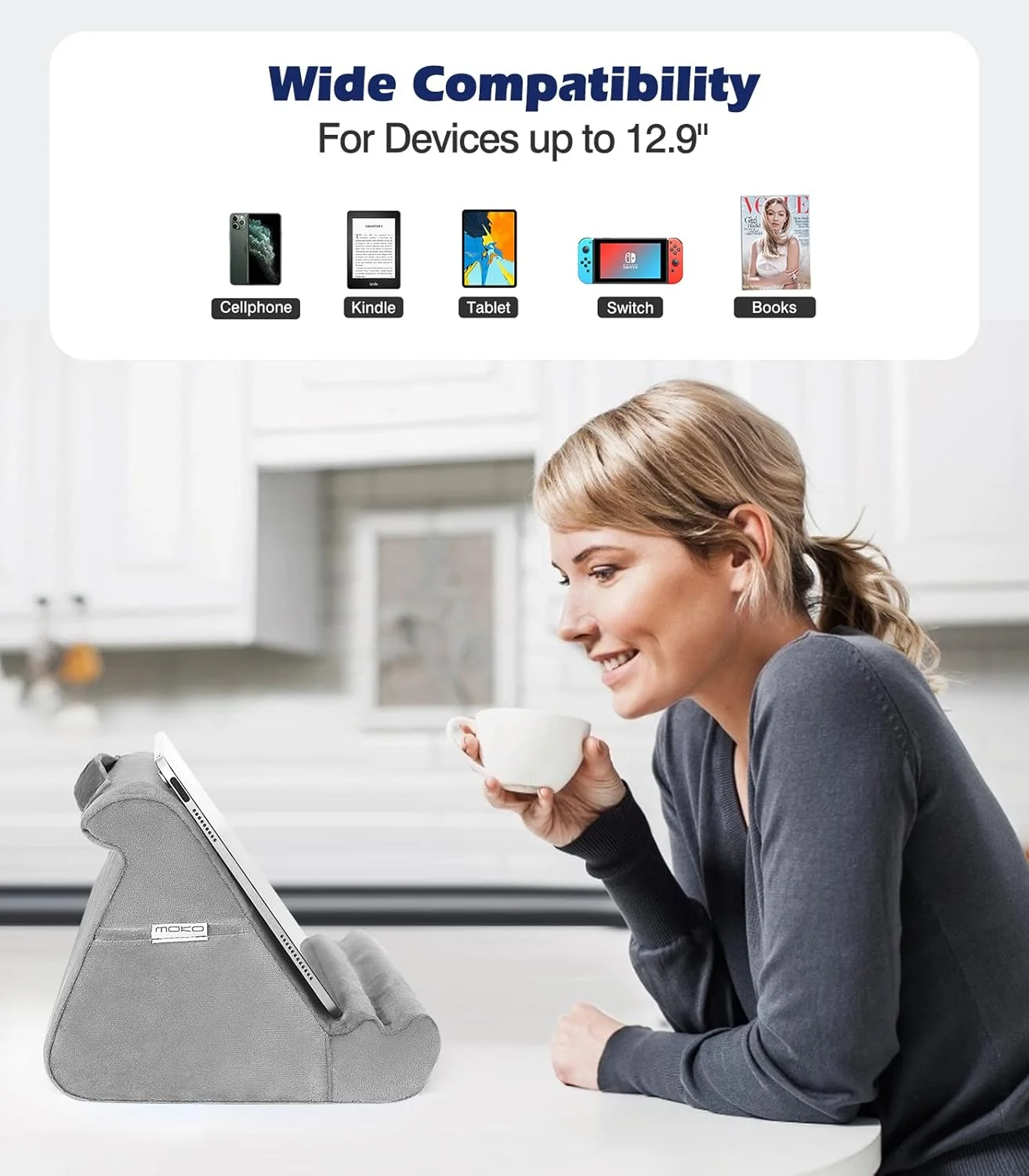 پایه نگهدارنده تبلت MoKo، بالشتک نرم نگهدارنده تبلت، با زوایای دید چندگانه و جیب ذخیره سازی، مناسب برای آیپد 10.2 2021/آیپد ایر 5/4/3/آیپد پرو 11/12.9 2022، آیپد نسل 10، گلکسی تب، آیفون، خاکستری پایه نگهدارنده تبلت MoKo، بالشتک نرم نگهدارنده تبلت، با زوایای دید چندگانه و جیب ذخیره سازی، مناسب برای آیپد 10.2 2021/آیپد ایر 5/4/3/آیپد پرو 11/12.9 2022، آیپد نسل 10، گلکسی تب، آیفون، خاکستری