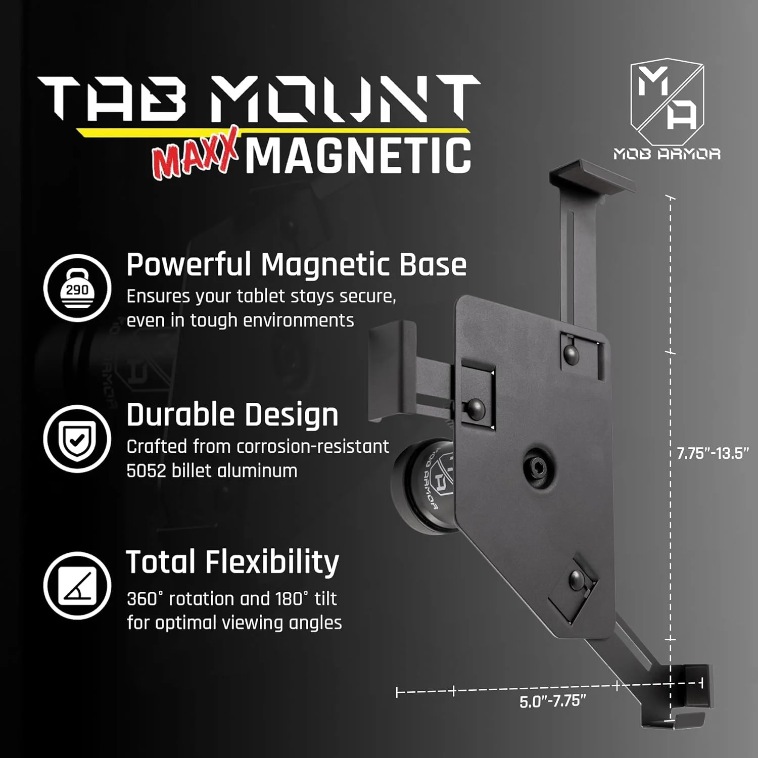 نگهدارنده تبلت مگنت دار یونیورسال Mob Armor Tab Mount Maxx برای خودرو، مونتاژ شده در آمریکا، مناسب تبلت های 7 تا 13 اینچی