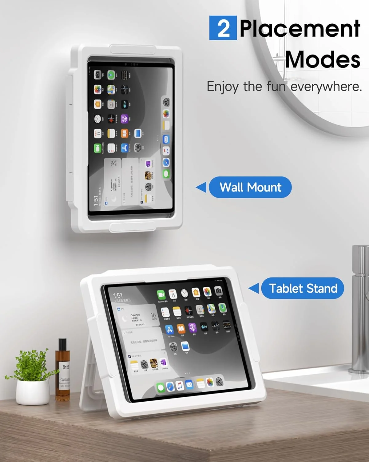 نگهدارنده ضدآب آیپد برای دوش با قابلیت چرخش 480 درجه، جمع شونده و قابل تنظیم، نصب دیواری تا 11 اینچ، نگهدارنده تبلت برای حمام و وان، دارای 2 چسب، مناسب برای آیپد و آیپد پرو 11 (سفید)