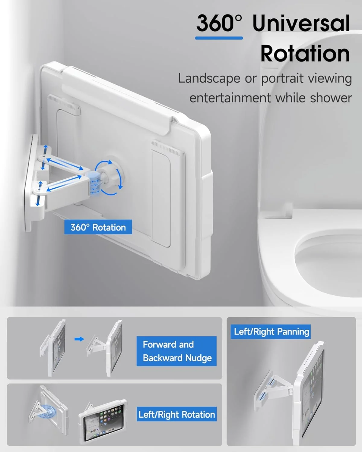 نگهدارنده ضدآب آیپد برای دوش با قابلیت چرخش 480 درجه، جمع شونده و قابل تنظیم، نصب دیواری تا 11 اینچ، نگهدارنده تبلت برای حمام و وان، دارای 2 چسب، مناسب برای آیپد و آیپد پرو 11 (سفید)