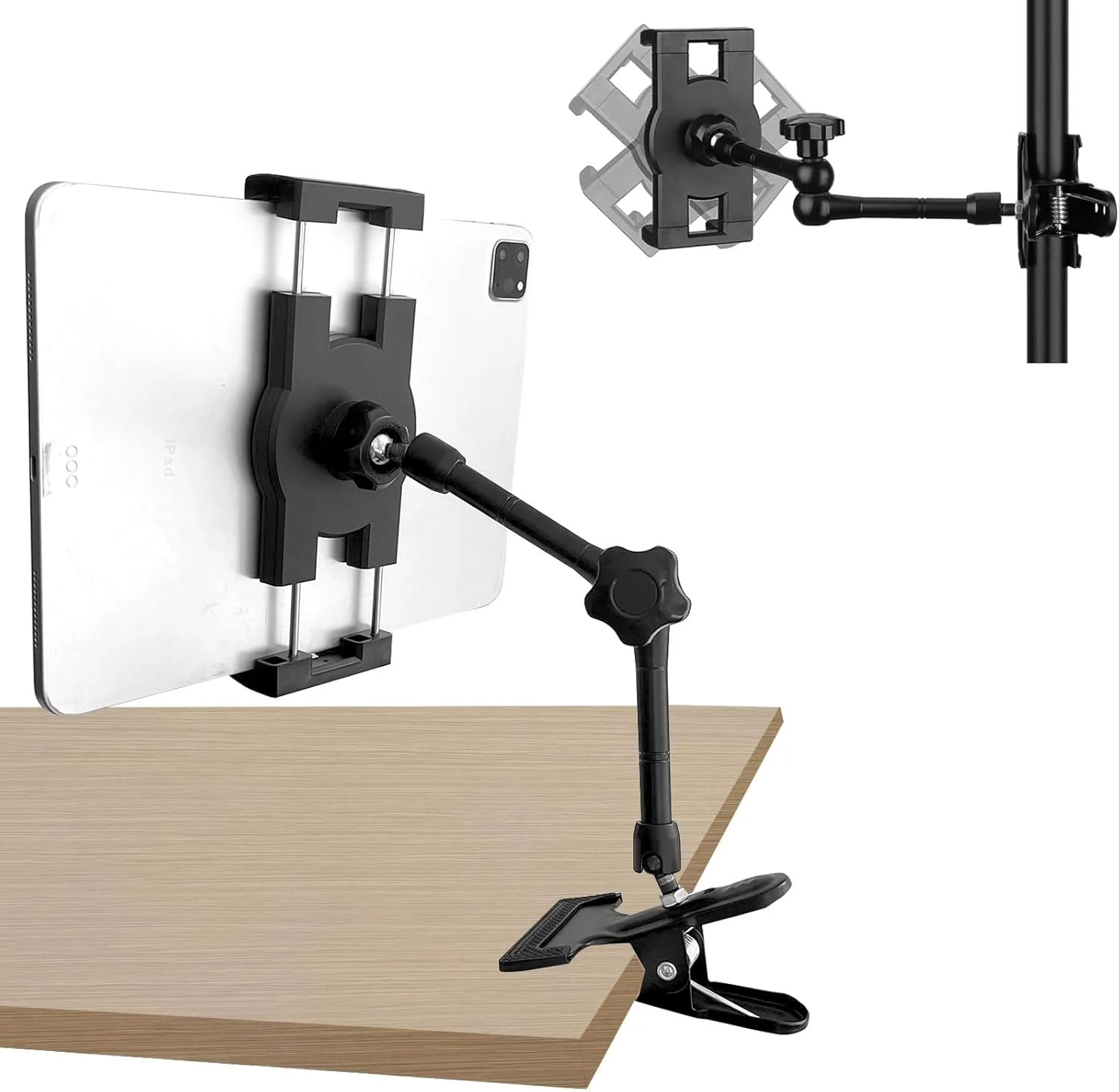 نگهدارنده تبلت برای میز/تخته رسم/قفسه، بازوی آلیاژ آلومینیوم قابل تنظیم 360 درجه با گیره فلزی، سازگار با آیپد/نکسوس/ال‌جی جی پد/کتابخوان الکترونیکی/سوییچ 7 تا 12.9 اینچی