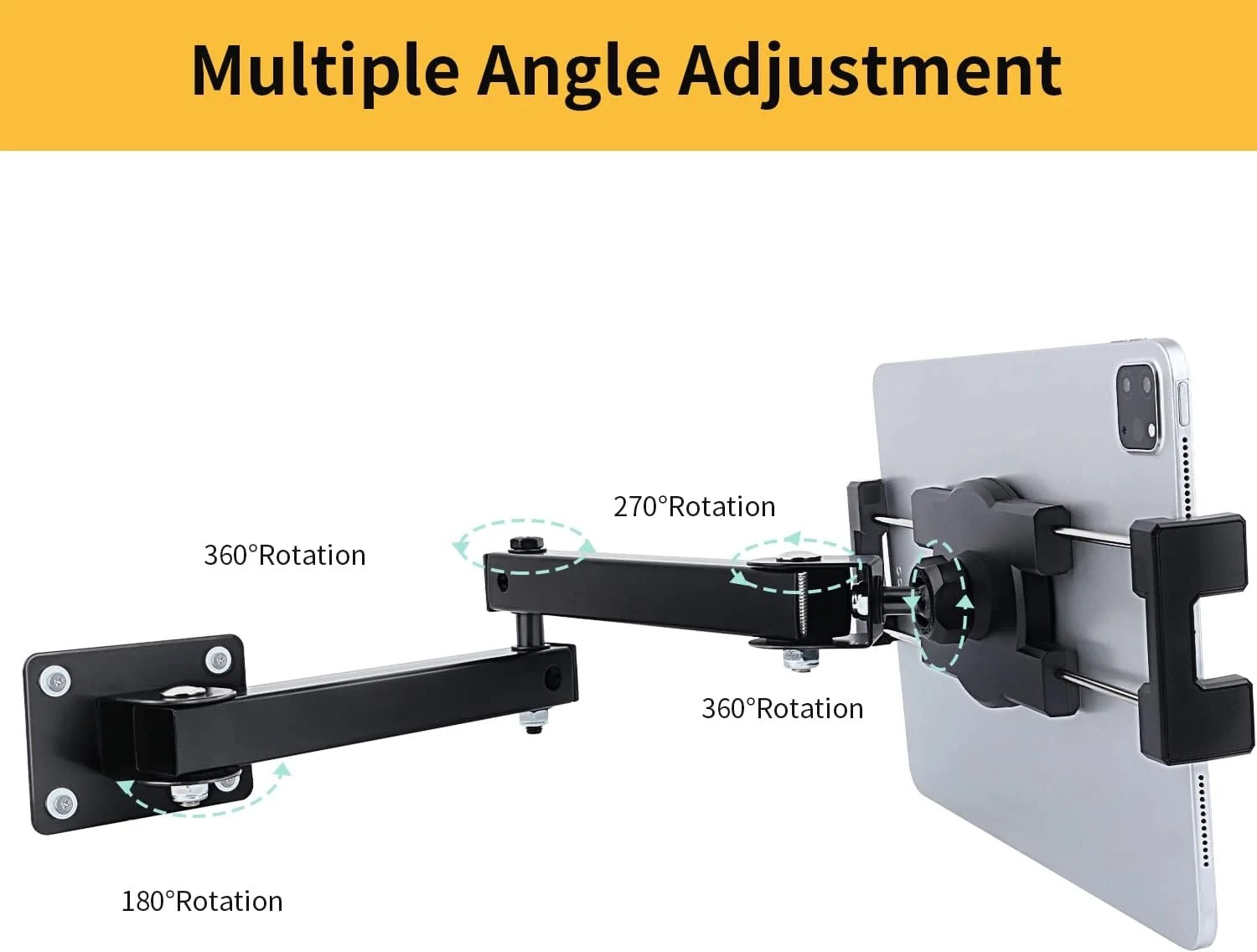 پایه نگهدارنده تبلت دیواری تاشو، پایه نگهدارنده تبلت با قابلیت تنظیم 360 درجه، بازوی آلیاژ آلومینیوم مفصلی دو مرحله ای قابل افزایش، سازگار با آیپد/نکسوس/کتابخوان الکترونیکی/سوییچ/آیفون 4.7 تا 12.9 اینچی