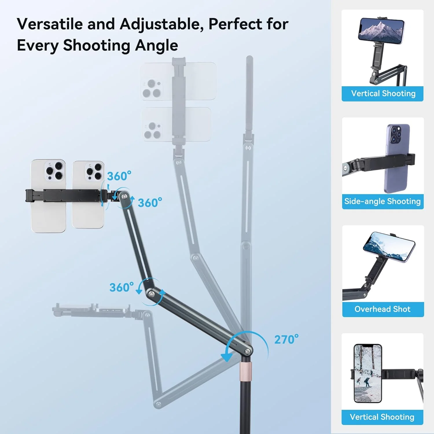 پایه نگهدارنده تبلت، پایه رومیزی آیپد با قابلیت تنظیم زاویه و ارتفاع، پایه نگهدارنده دوگانه آیپد و تلفن مدل 2025، نگهدارنده 360 درجه تبلت برای پخش زنده، عکس های از بالا و ضبط چند زاویه ای (4.7 اینچ - 13 اینچ)