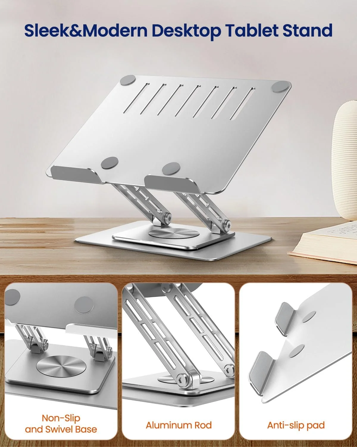 پایه نگهدارنده تبلت MESWAO برای میز با پایه چرخان 360 درجه، پایه آلومینیومی تاشو و قابل تنظیم دو میله ای برای دفتر کار خانگی سازگار با تبلت های 11 تا 16 اینچی، نقره ای پایه نگهدارنده تبلت MESWAO برای میز با پایه چرخان 360 درجه، پایه آلومینیومی تاشو و قابل تنظیم دو میله ای برای دفتر کار خانگی سازگار با تبلت های 11 تا 16 اینچی، نقره ای