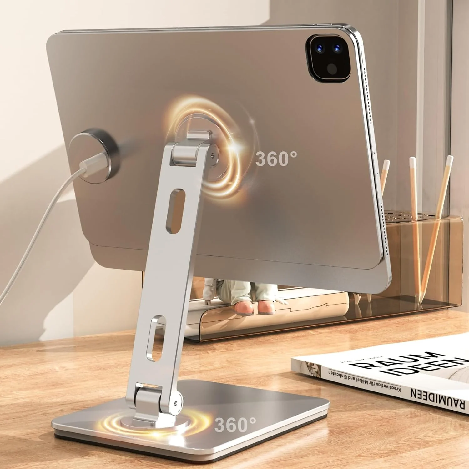 پایه شارژ مغناطیسی برای آیپد پرو ۱۱، پایه شارژ تاشو آلومینیومی با چرخش ۳۶۰ درجه، ایستگاه شارژ سریع بی‌سیم USB-C برای آیپد، پایه نگهدارنده برای دفتر (نسخه قابل شارژ)