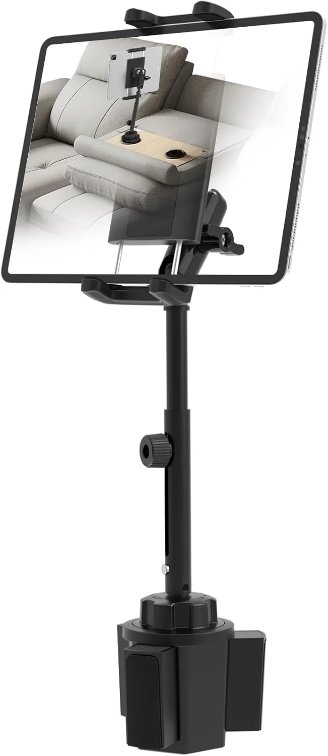 پایه تبلت برای جا لیوانی مبل، [بازوی فلزی بلند] نگهدارنده تبلت جا لیوانی صندلی های تکیه گاه دار، پایه تبلت با سر توپی چرخان 360 درجه برای آیپد، آیفون، گلکسی تب، کیندل، فایر اچ دی و تلفن های 4.7-13 اینچی