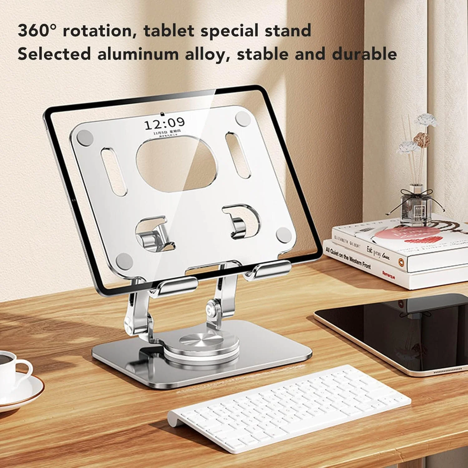 پایه تبلت قابل تنظیم، پایه مانیتور قابل حمل، پایه تبلت خنک کننده توخالی تاشو با چرخش 360 درجه، پایه تبلت رومیزی آلومینیومی سنگین برای تبلت و تلفن