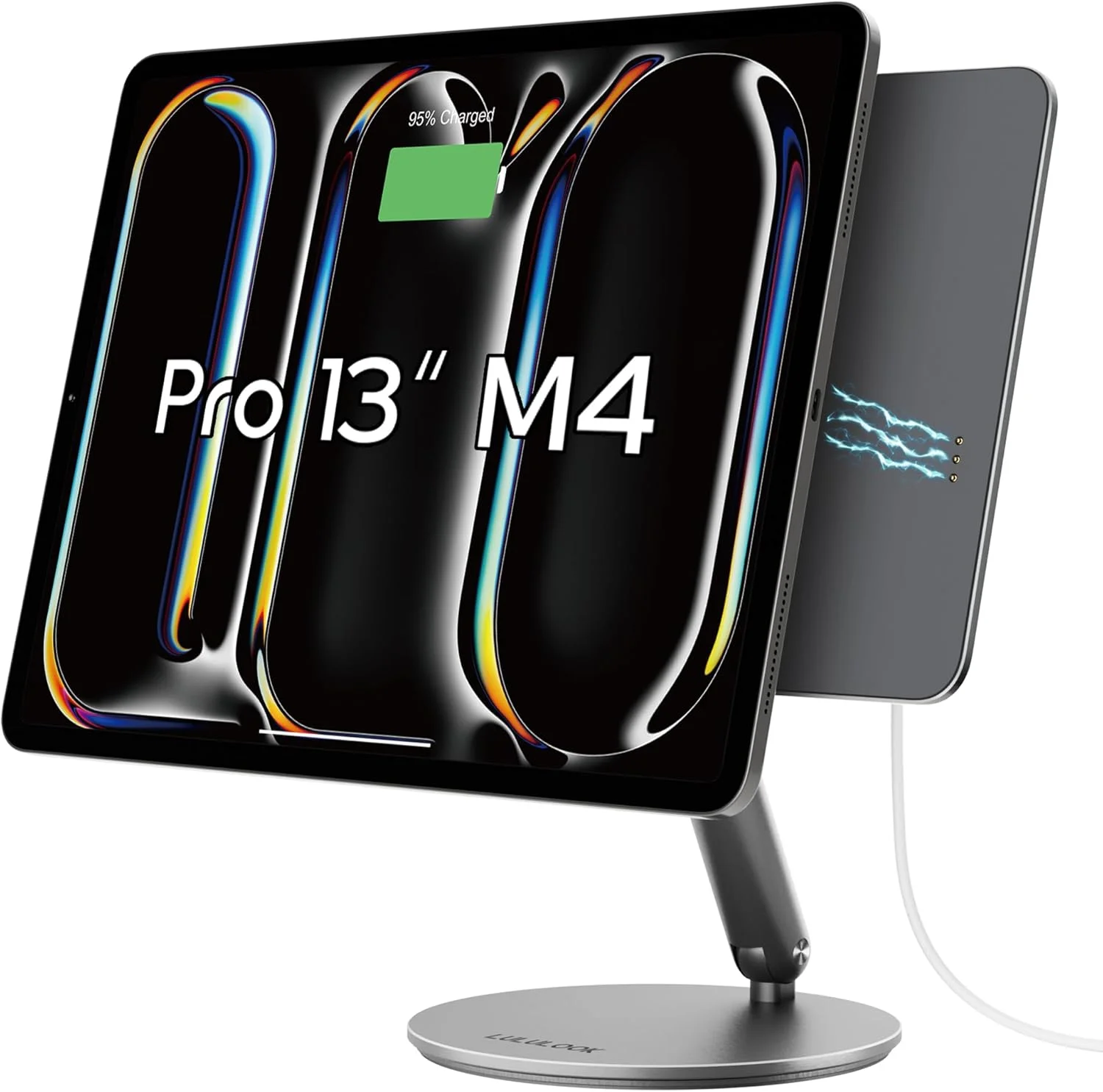 پایه شارژ بی‌سیم مغناطیسی LULULOOK برای آیپد پرو ۱۳ اینچ M4 و M5، پایه چرخان ۳۶۰ درجه با پد ضد لغزش، پایه شارژ تاشو آلیاژ آلومینیوم آیپد پرو با کابل ۱ متری برای میز