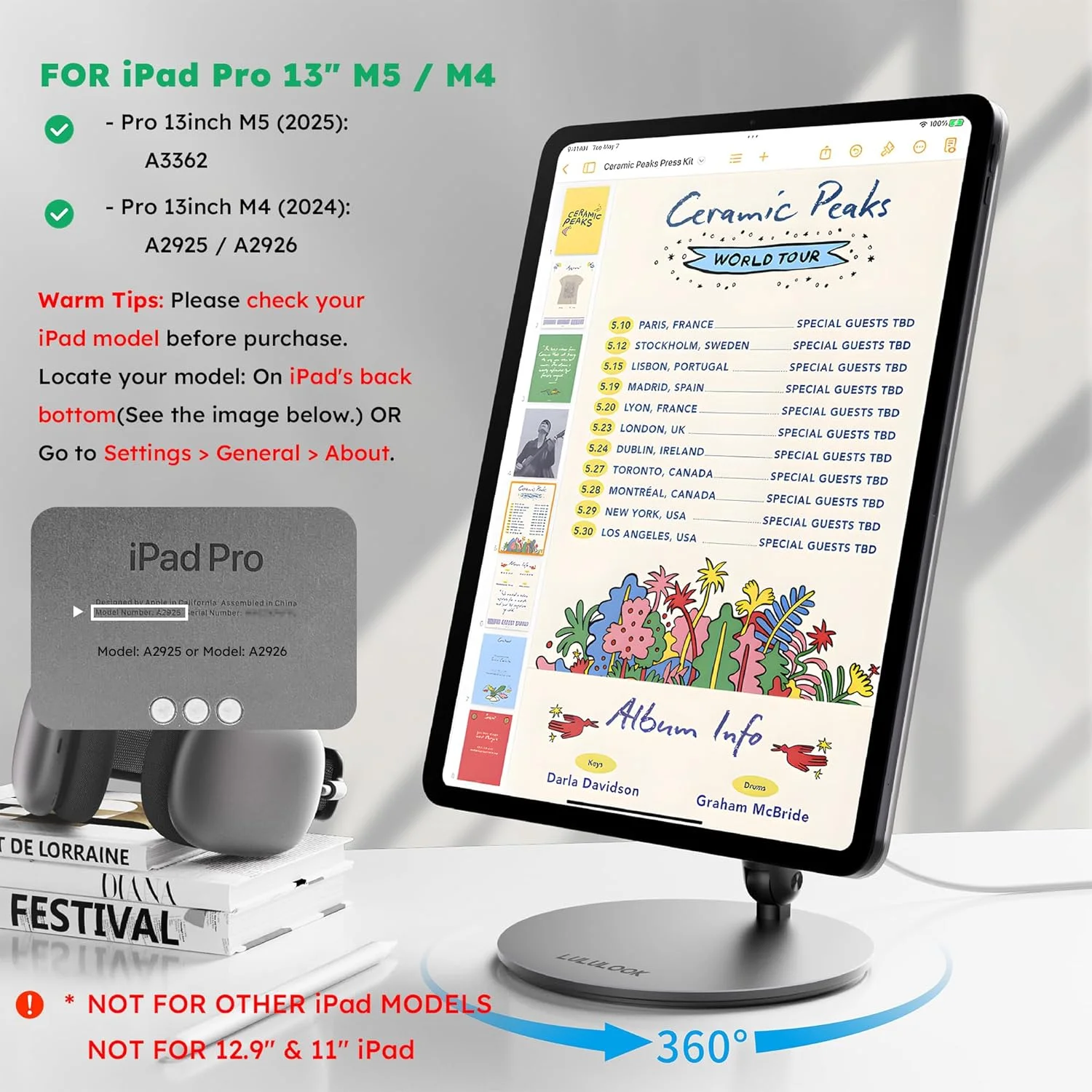 پایه شارژ بی‌سیم مغناطیسی LULULOOK برای آیپد پرو ۱۳ اینچ M4 و M5، پایه چرخان ۳۶۰ درجه با پد ضد لغزش، پایه شارژ تاشو آلیاژ آلومینیوم آیپد پرو با کابل ۱ متری برای میز