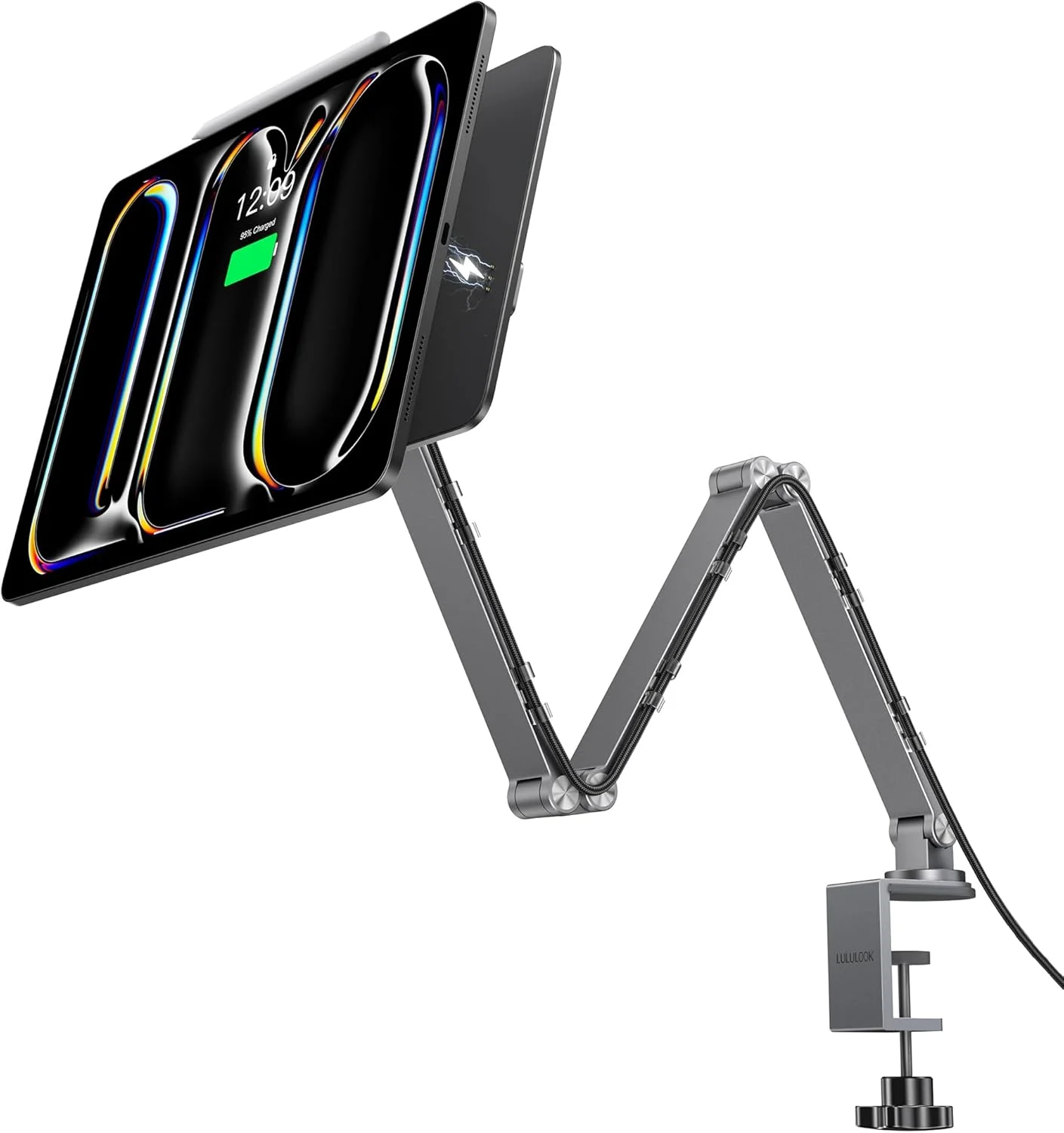 پایه شارژ بی‌سیم مغناطیسی LULULOOK [ارتقا یافته] برای آیپد پرو ۱۳ اینچ M5 و M4، پایه آیپد آلیاژ آلومینیوم برای میز با بازوی بلند تاشو، نگهدارنده تبلت قابل تنظیم ۳۶۰ درجه با کابل ۲ متری USB C