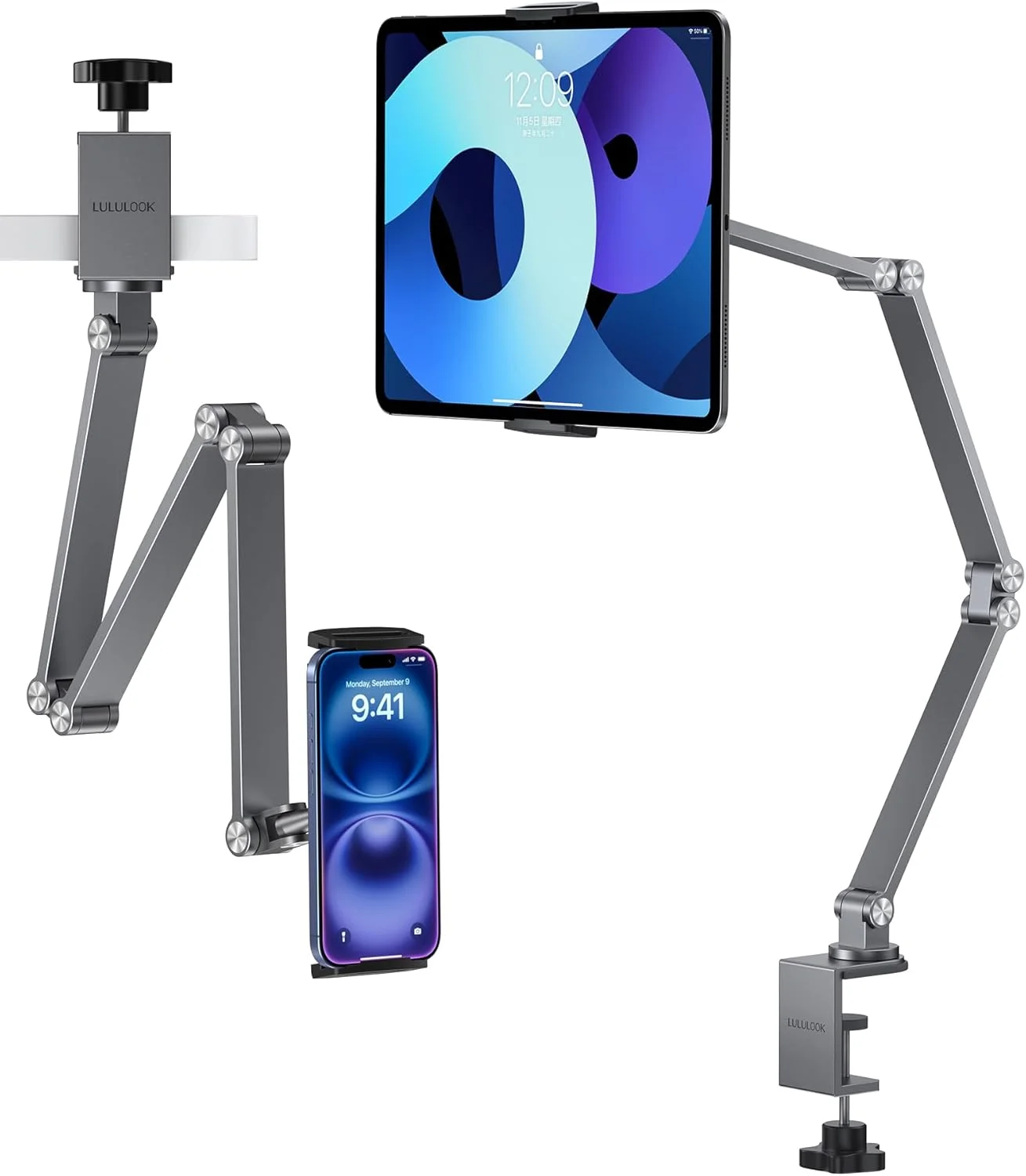 پایه تبلت و نگهدارنده گوشی موبایل LULULOOK برای میز، بازوی تاشو و چرخان 360 درجه آلومینیومی سنگین، نگهدارنده کتابخوان الکترونیکی برای تخت، پایه برای آیپد پرو، کتابخوان الکترونیکی، مانیتور قابل حمل، حداکثر 15.6 اینچ