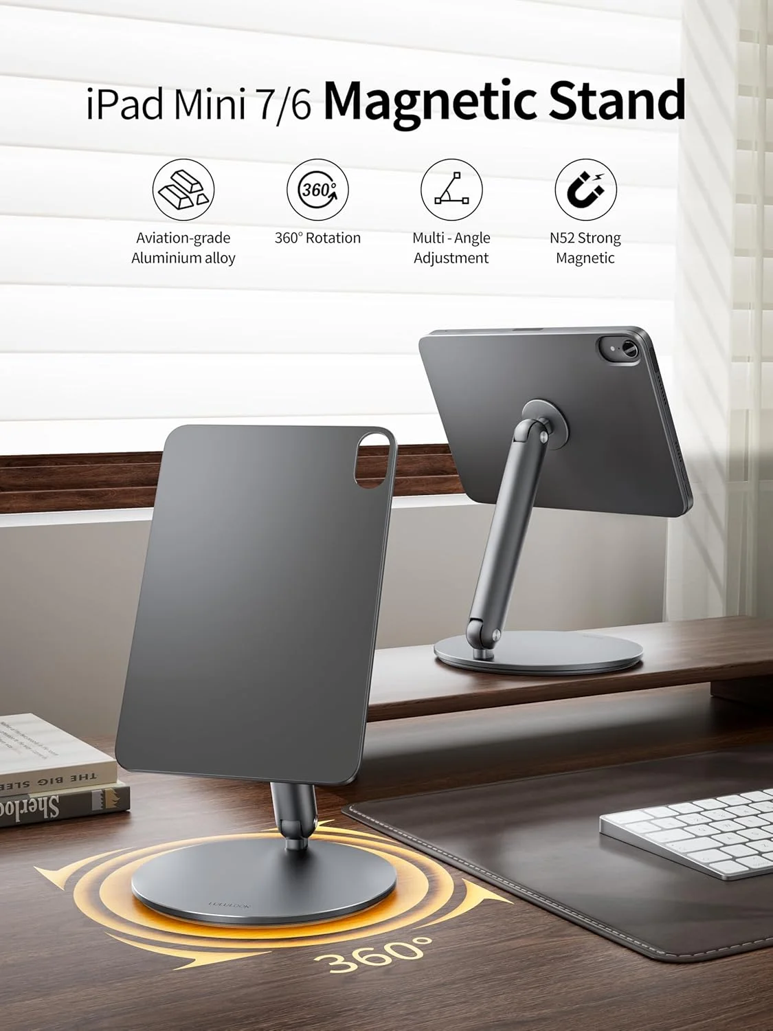 پایه مغناطیسی 360 درجه LULULOOK برای آیپد مینی 7 A17 Pro/Mini 6 8.3 اینچ (2024/2021)، پایه رومیزی تبلت تاشو آلیاژ آلومینیوم با پایه چرخان برای طراحی و تماشای اپل آیپد مینی 7/6 (خاکستری)