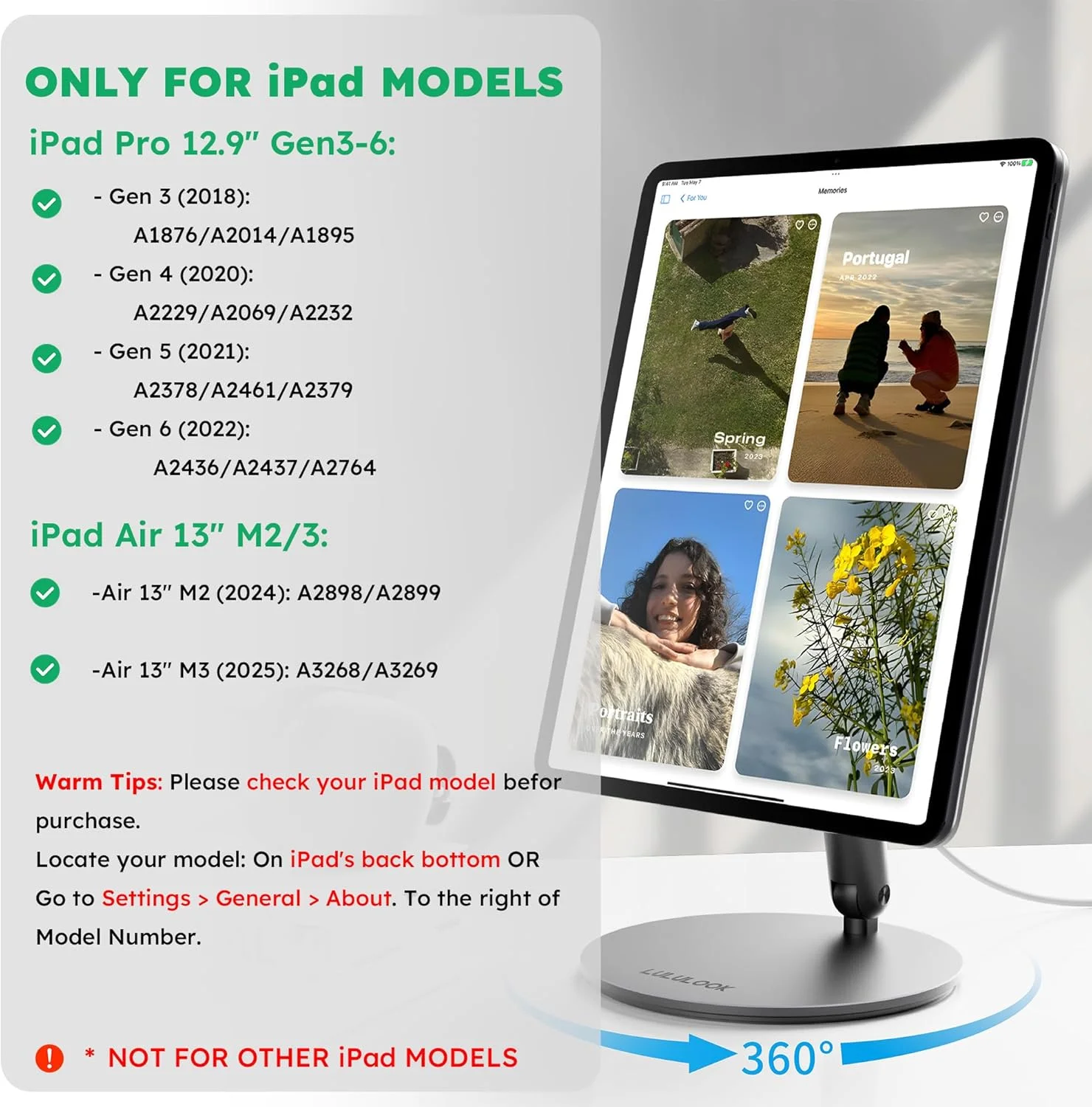 پایه شارژ بی‌سیم مغناطیسی ارتقا یافته LULULOOK برای آیپد پرو 12.9 نسل 3/4/5/6، پایه بازوی رومیزی تاشو آلیاژ آلومینیوم با پایه چرخان 360 درجه برای آیپد ایر 13 اینچ M3 (2025)/M2، شامل کابل