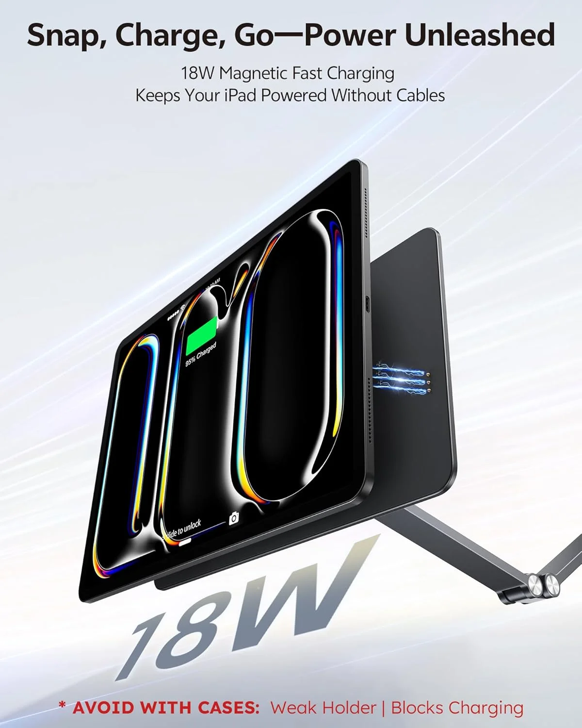 پایه شارژ بی‌سیم مغناطیسی LULULOOK [ارتقا یافته] برای آیپد پرو ۱۳ اینچ M5 و M4، پایه آیپد آلیاژ آلومینیوم برای میز با بازوی بلند تاشو، نگهدارنده تبلت قابل تنظیم ۳۶۰ درجه با کابل ۲ متری USB C