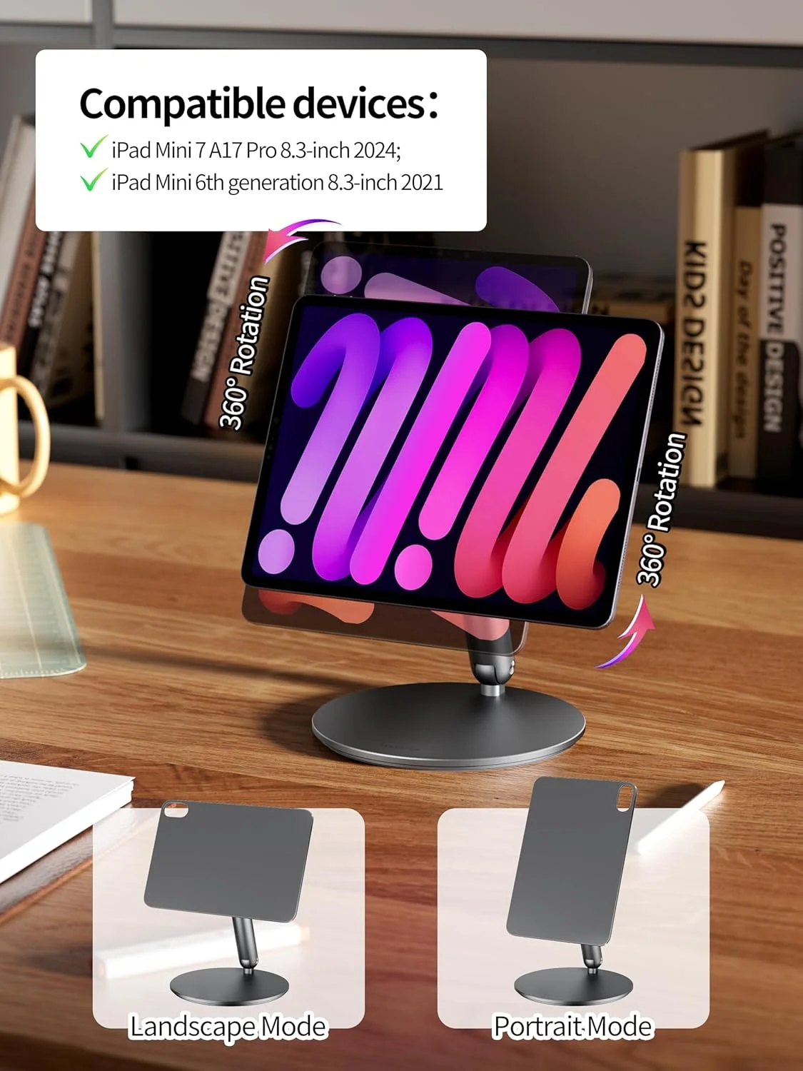 پایه مغناطیسی 360 درجه LULULOOK برای آیپد مینی 7 A17 Pro/Mini 6 8.3 اینچ (2024/2021)، پایه رومیزی تبلت تاشو آلیاژ آلومینیوم با پایه چرخان برای طراحی و تماشای اپل آیپد مینی 7/6 (خاکستری)