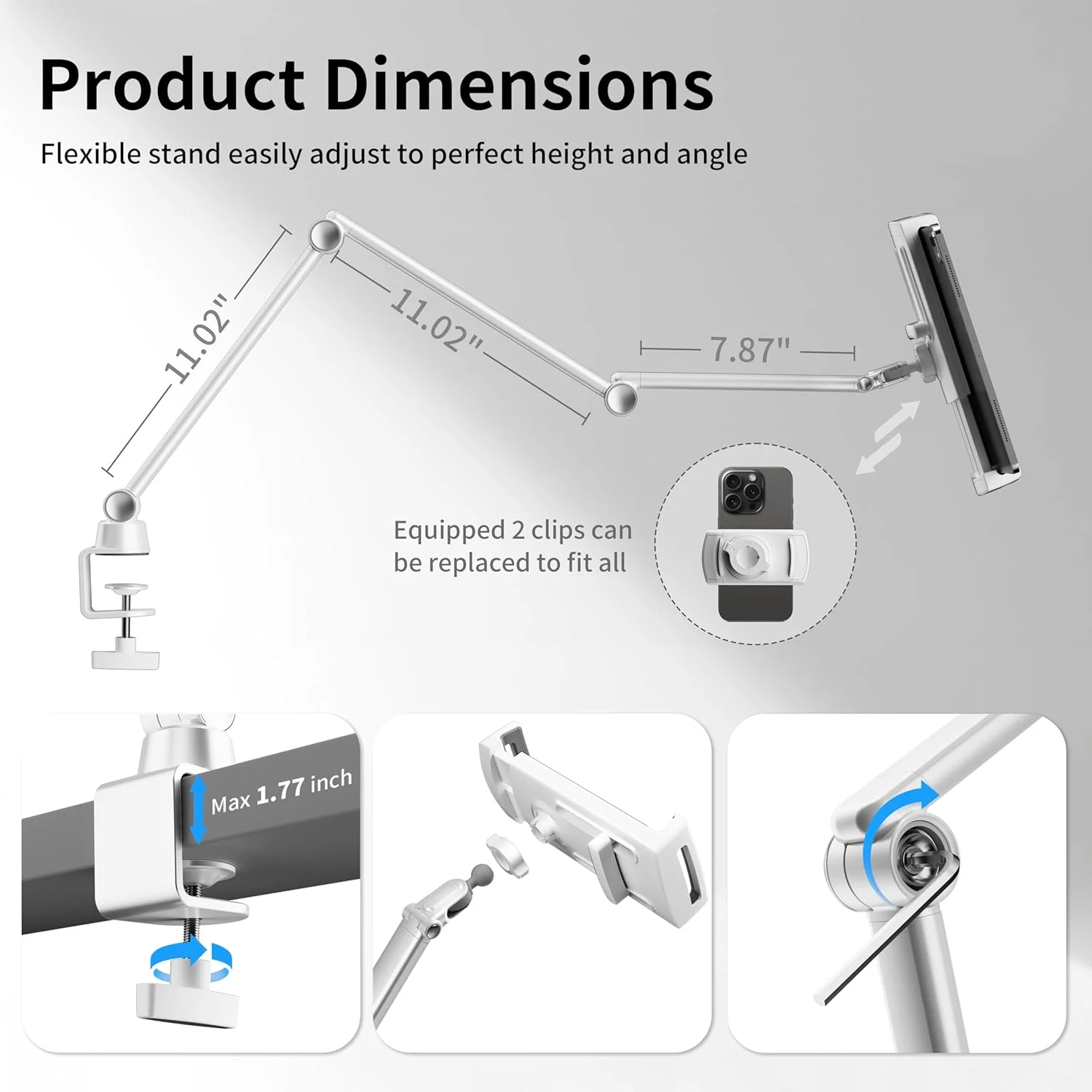 پایه نگهدارنده آیپد LULULOOK، ساخته شده از آلیاژ آلومینیوم - قابل تنظیم برای میز، سازگار با آیپد پرو 12.9، مینی، گلکسی تب، آیفون 16 پرو مکس، کیندل، تبلت 4.7 تا 13 اینچ (2 گیره)