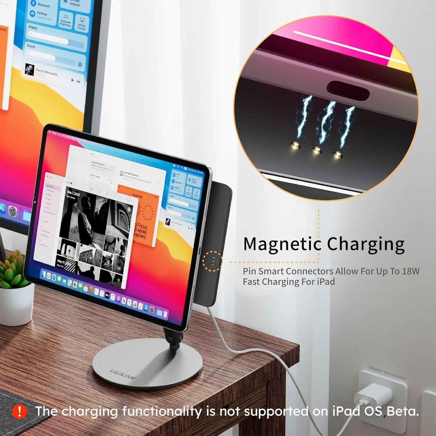 پایه شارژ بی‌سیم مغناطیسی ارتقا یافته LULULOOK برای آیپد پرو 12.9 نسل 3/4/5/6، پایه بازوی رومیزی تاشو آلیاژ آلومینیوم با پایه چرخان 360 درجه برای آیپد ایر 13 اینچ M3 (2025)/M2، شامل کابل