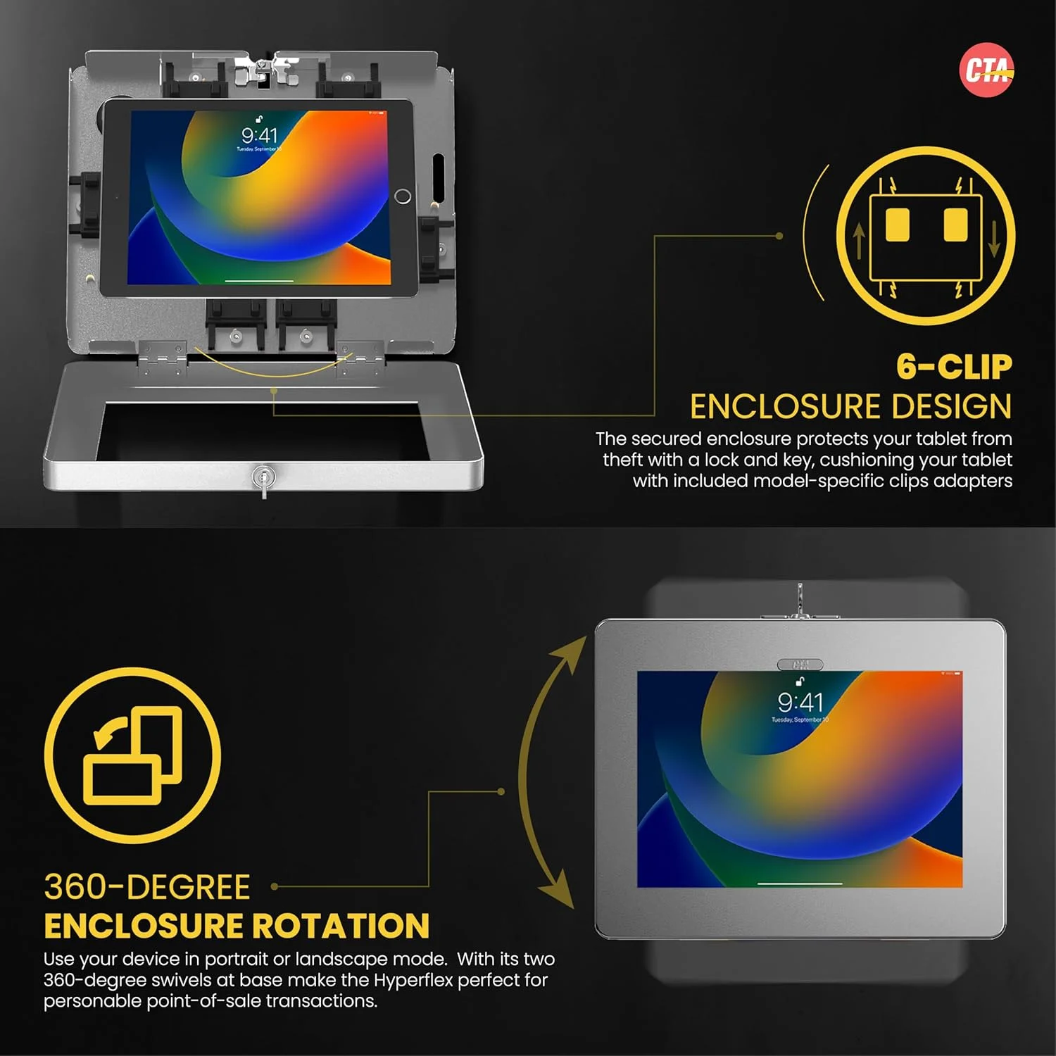 محفظه قفل‌دار دیواری آیپد - محفظه ضد سرقت تبلت CTA برای آیپد 10.9 اینچی نسل 10 - A16 - ایر 11 - پرو 11 اینچ - نسل 7/8/9 - نسل 10 - 10.2 اینچ - پرو 11 اینچ - تبلت‌های گلکسی - (PAD-PARAWS)
