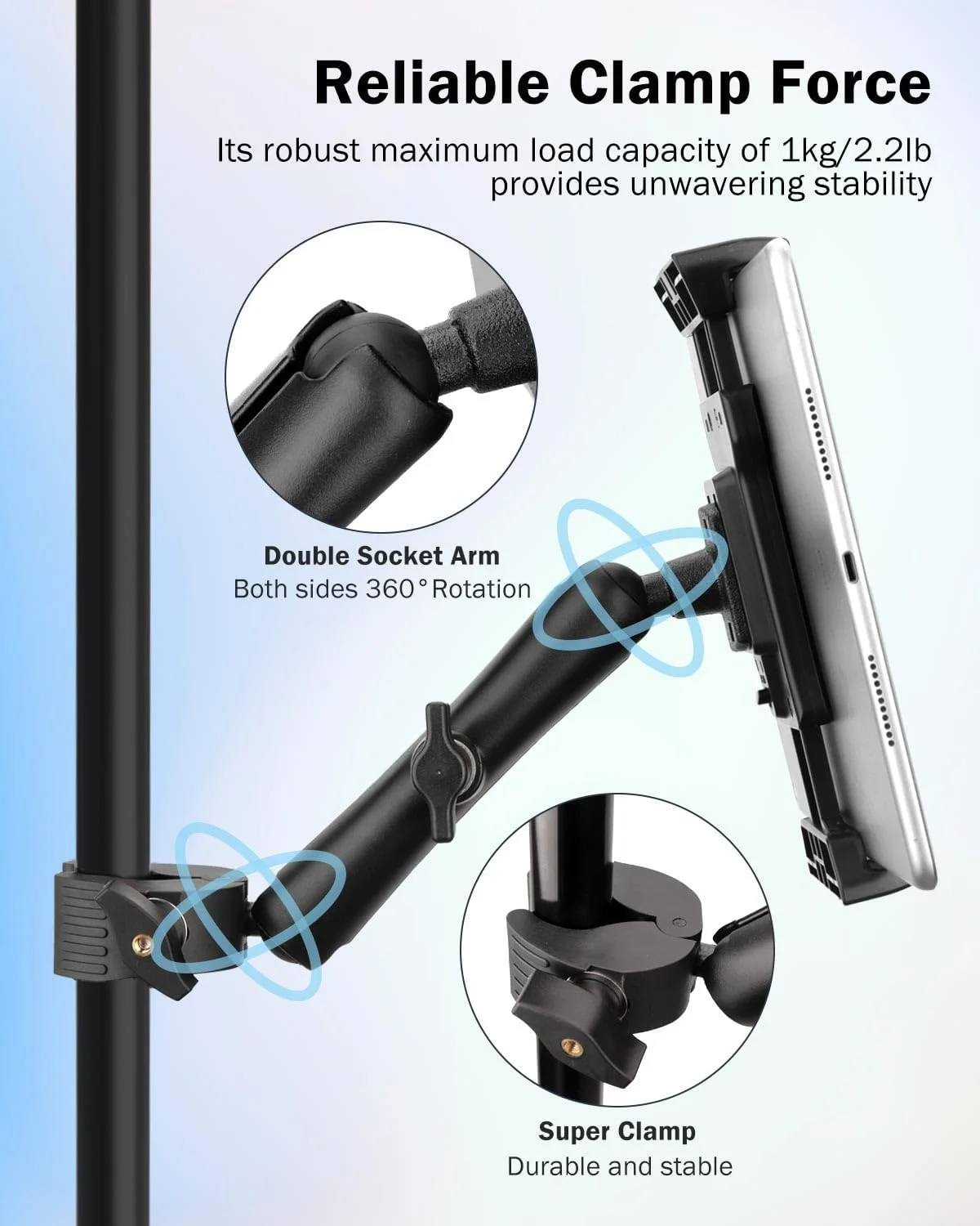 پایه نگهدارنده تبلت و گوشی برای پایه میکروفون، پایه نت موسیقی، گیره نصب روی دسته دوچرخه ثابت و تردمیل، مناسب برای تبلت و گوشی های 4 تا 13.5 اینچ