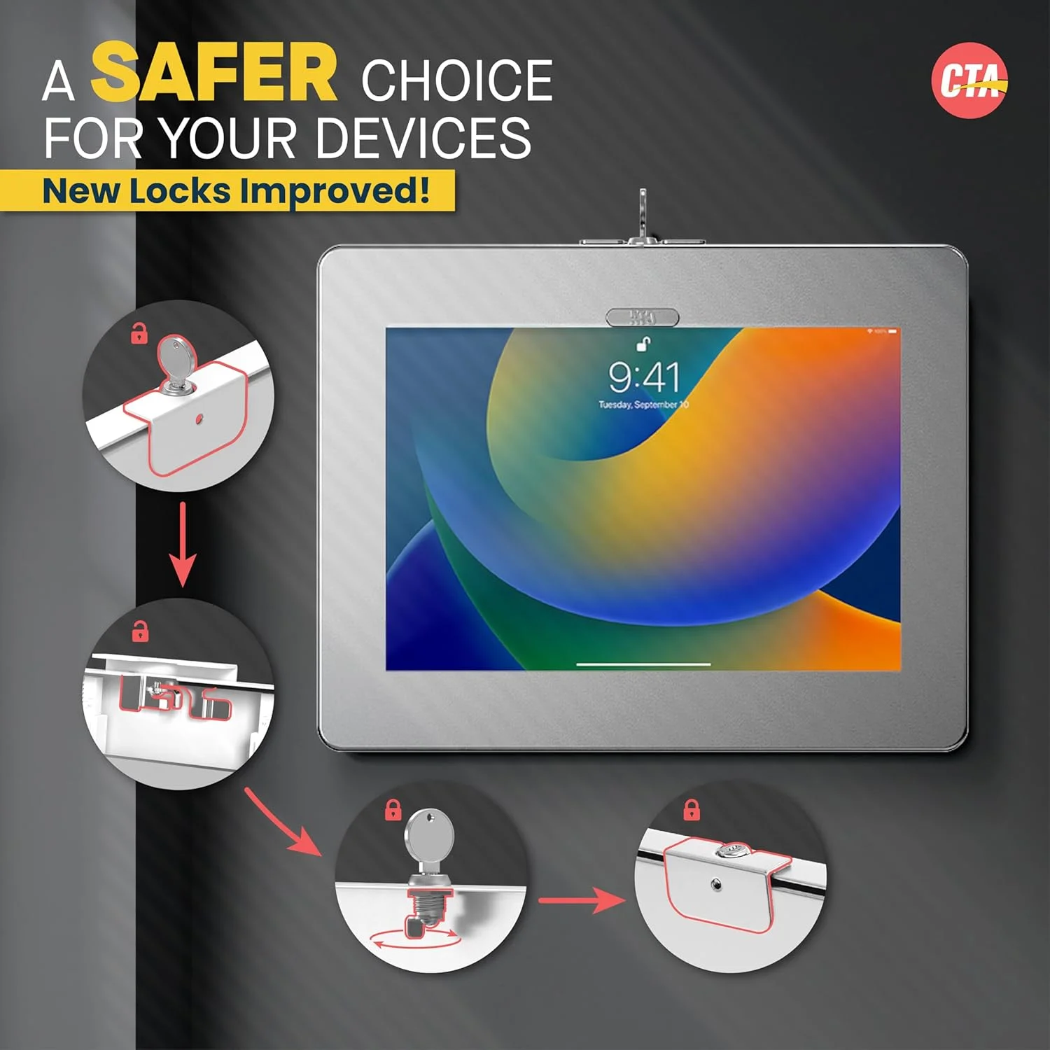 محفظه قفل‌دار دیواری آیپد - محفظه ضد سرقت تبلت CTA برای آیپد 10.9 اینچی نسل 10 - A16 - ایر 11 - پرو 11 اینچ - نسل 7/8/9 - نسل 10 - 10.2 اینچ - پرو 11 اینچ - تبلت‌های گلکسی - (PAD-PARAWS)