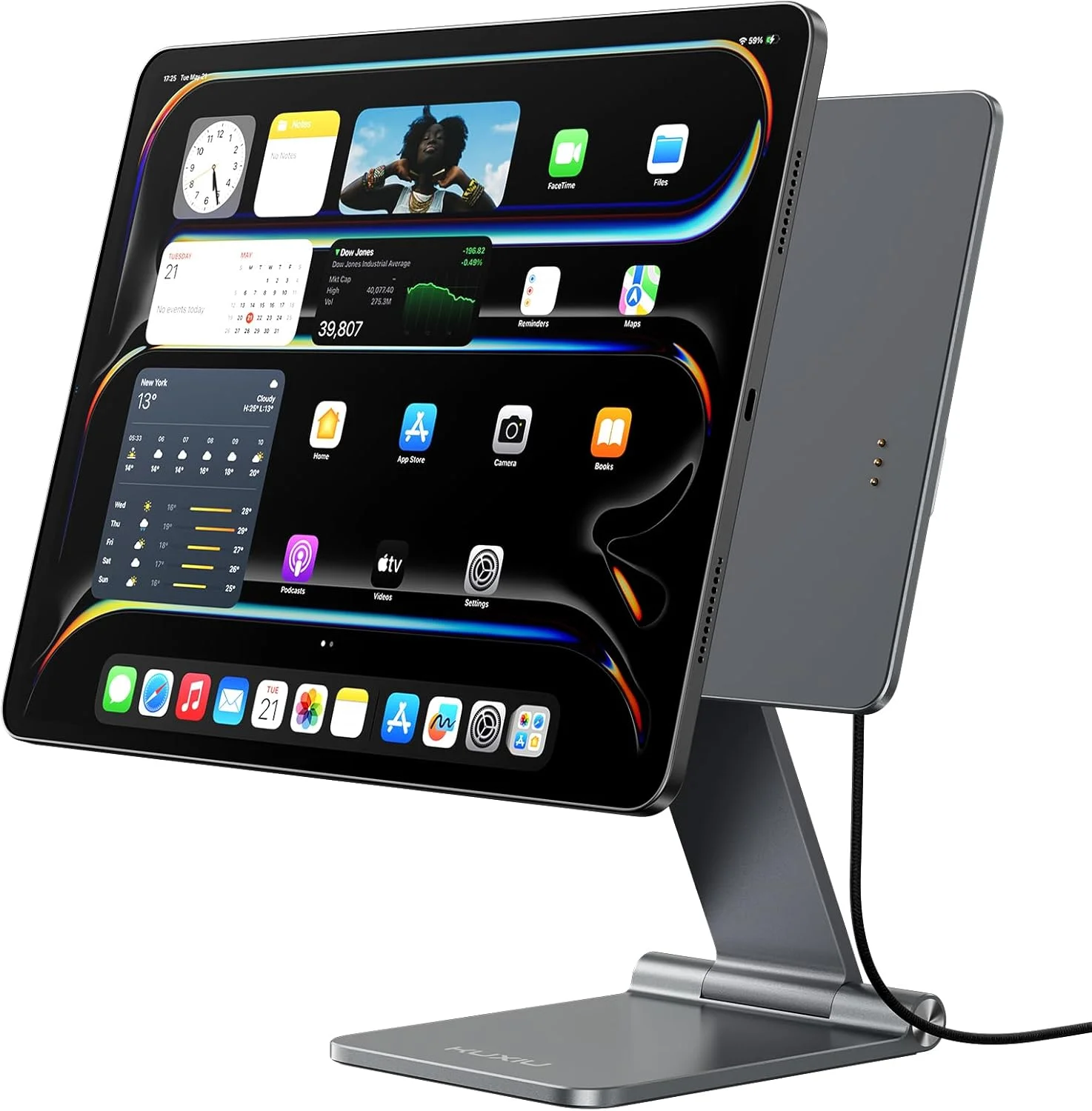 پایه شارژ مغناطیسی بی سیم KU XIU برای آیپد پرو ۱۱ اینچ M4/M5، پایه تبلت تاشو آلیاژ آلومینیوم برای میز، پایه تبلت قابل تنظیم ۳۶۰ درجه برای آیپد پرو ۱۱ M4 [شامل کابل USB C ۱ متری]