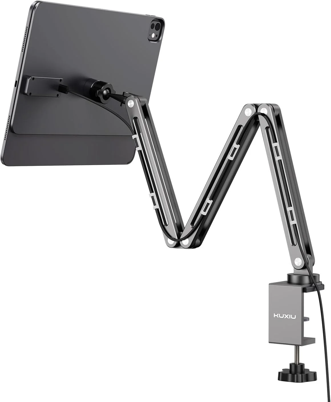 پایه شارژ بی‌سیم مغناطیسی KU XIU برای آیپد پرو ۱۳ اینچ M4 (۲۰۲۴)، پایه بازوی تاشو و قابل تنظیم با کابل ۲ متری، نگهدارنده تبلت آلیاژ آلومینیوم برای میز