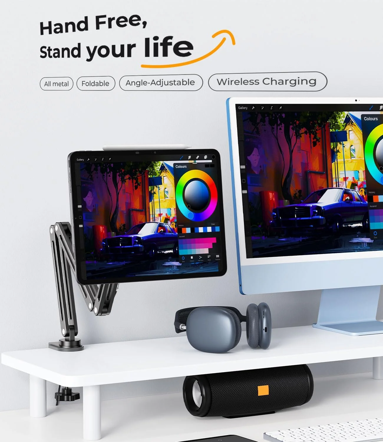 پایه شارژ بی‌سیم مغناطیسی KU XIU برای آیپد پرو ۱۳ اینچ M4 (۲۰۲۴)، پایه بازوی تاشو و قابل تنظیم با کابل ۲ متری، نگهدارنده تبلت آلیاژ آلومینیوم برای میز