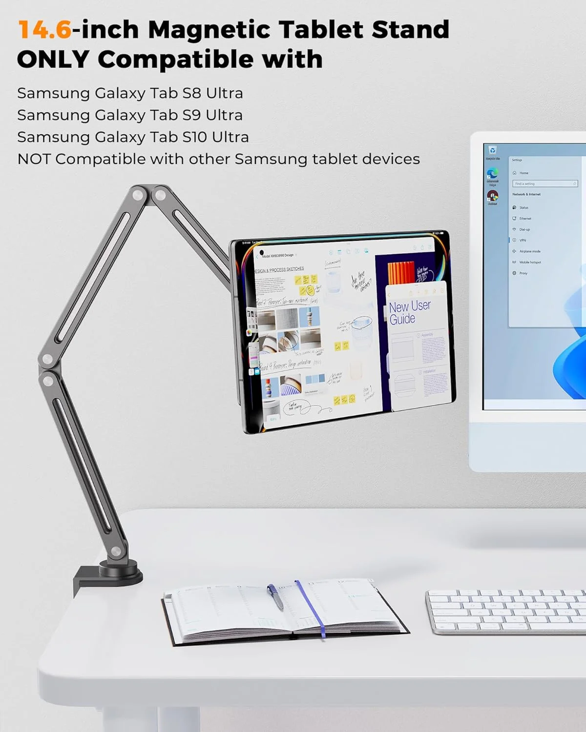 پایه مغناطیسی KU XIU برای تبلت سامسونگ گلکسی تب 14.6 اینچی، بازوی تاشو و قابل تنظیم برای میز، نگهدارنده تبلت آلیاژ آلومینیوم برای گلکسی تب S10 Ultra/S9 Ultra/S8Ultra