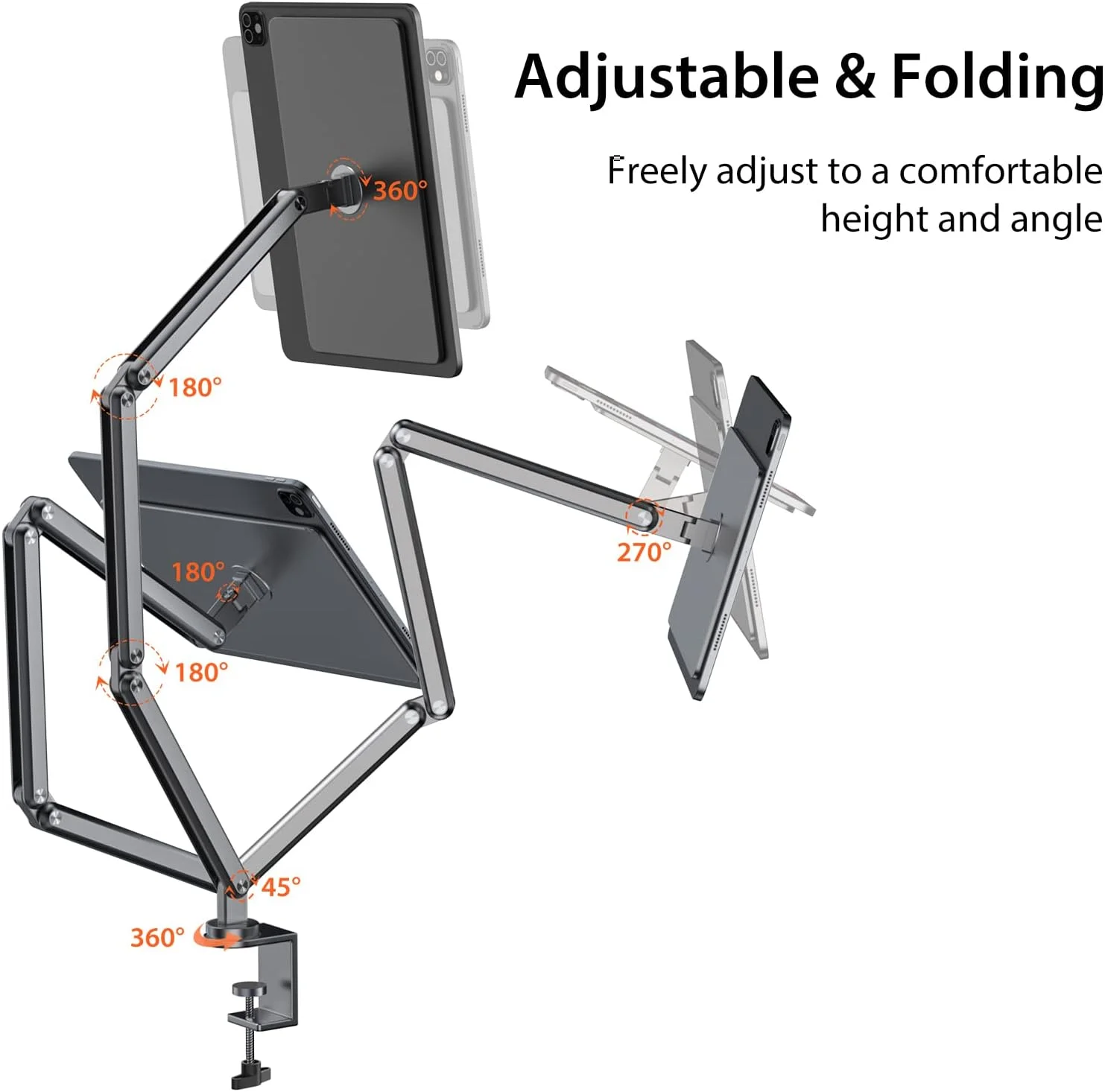پایه بازوی مغناطیسی KU XIU فقط برای آیپد پرو ۱۱ اینچ M4/M5، پایه تبلت تاشو آلیاژ آلومینیوم ممتاز برای کار، نگهدارنده قابل تنظیم چند گره ای قابل حمل رومیزی آیپد