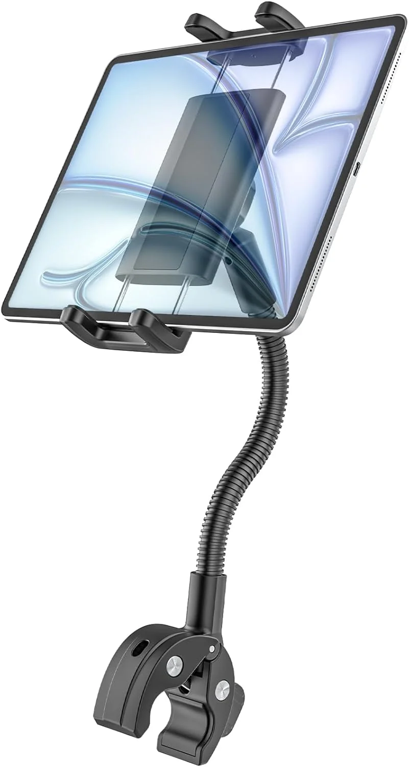 نگهدارنده تبلت برای دوچرخه ثابت، نگهدارنده گردنی تبلت برای ویلچر، کالسکه، دوچرخه سواری داخل سالن، دوچرخه باشگاه، تردمیل، پایه میکروفون، سازگار با آیپد پرو ایر مینی، تبلت های گلکسی، تبلت های 4.7-12.9 اینچی