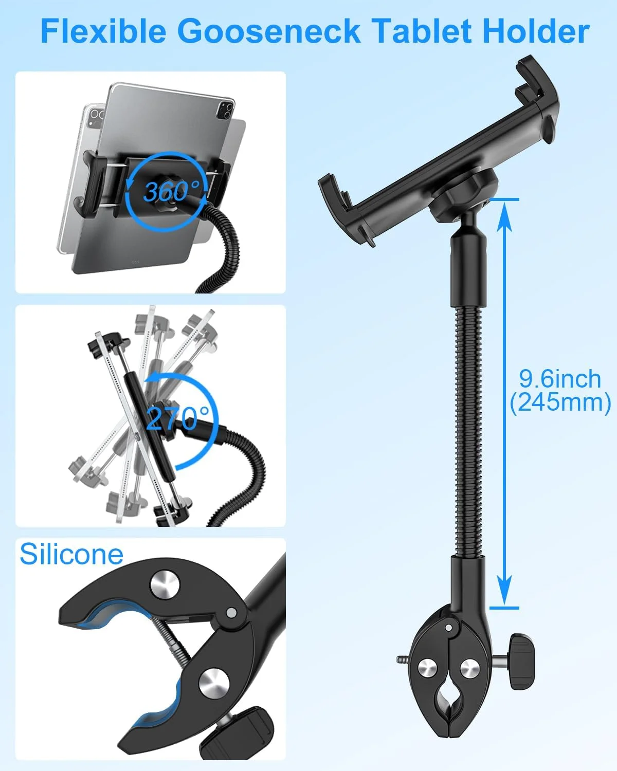 نگهدارنده تبلت برای دوچرخه ثابت، نگهدارنده گردنی تبلت برای ویلچر، کالسکه، دوچرخه سواری داخل سالن، دوچرخه باشگاه، تردمیل، پایه میکروفون، سازگار با آیپد پرو ایر مینی، تبلت های گلکسی، تبلت های 4.7-12.9 اینچی
