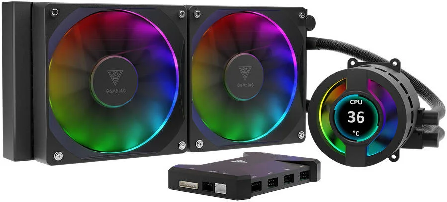 خنک کننده مایع گامدیاس Chione P3-240U، نمایشگر IPS LCD، پس زمینه PNG/GIF/JPG، رادیاتور 240 میلی متری، صفحه پایه مسی، سرعت فن 2000 دور در دقیقه، جریان هوای 69.01 CFM، بلبرینگ هیدرولیک، مشکی | GD-CHIONE-P3-240U