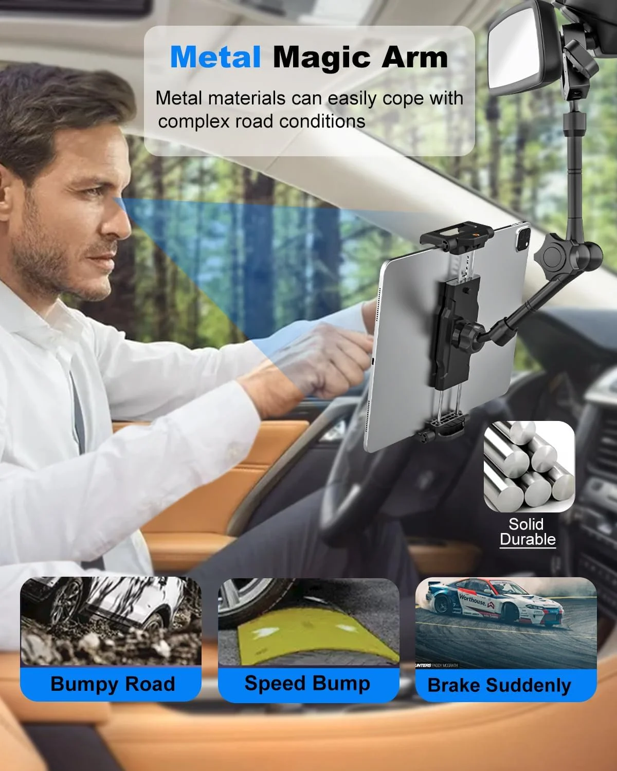 نگهدارنده تبلت آینه عقب خودرو [بازوی جادویی فلزی] گیره فلزی جهانی نگهدارنده تبلت آینه عقب، نگهدارنده تلفن آینه عقب برای آیپد پرو/ایر/مینی 5.5-15.6 اینچی، گلکسی زد، آیفون 16