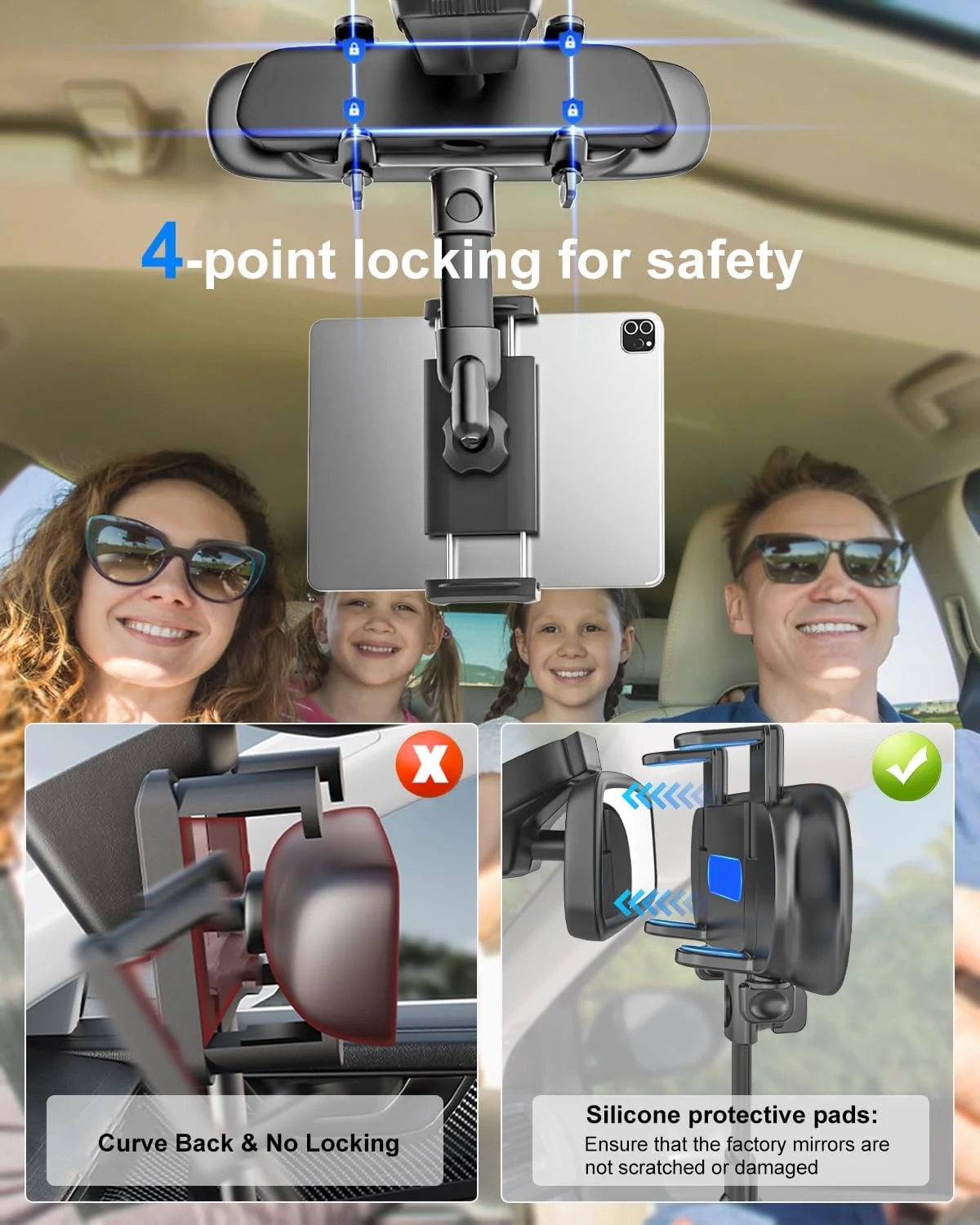 نگهدارنده تبلت آینه عقب خودرو با آینه عقب HD اضافی 11.6 اینچی، بازوی تلسکوپی فلزی نگهدارنده تبلت آینه عقب خودرو، نگهدارنده تلفن آینه عقب برای آیپد مینی ایر و آیفون 4-13 اینچی