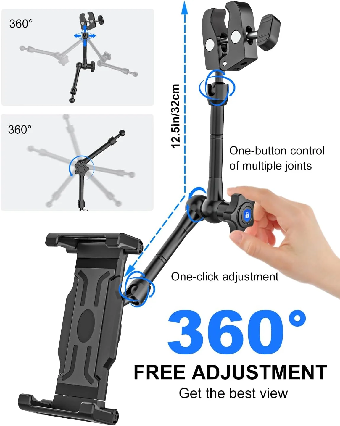 نگهدارنده تبلت آینه عقب خودرو [بازوی جادویی فلزی] گیره فلزی جهانی نگهدارنده تبلت آینه عقب، نگهدارنده تلفن آینه عقب برای آیپد پرو/ایر/مینی 5.5-15.6 اینچی، گلکسی زد، آیفون 16