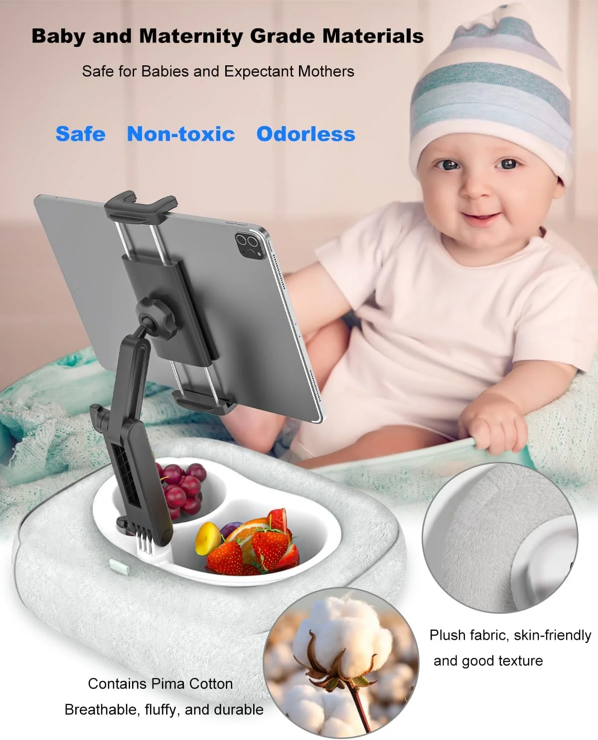 پایه نگهدارنده تبلت [پنبه ارگانیک و سینی مواد غذایی] پایه نگهدارنده قابل تنظیم برای تبلت، مناسب برای آیپد، تبلت های سامسونگ، تلفن، دارای کاسه جداشدنی