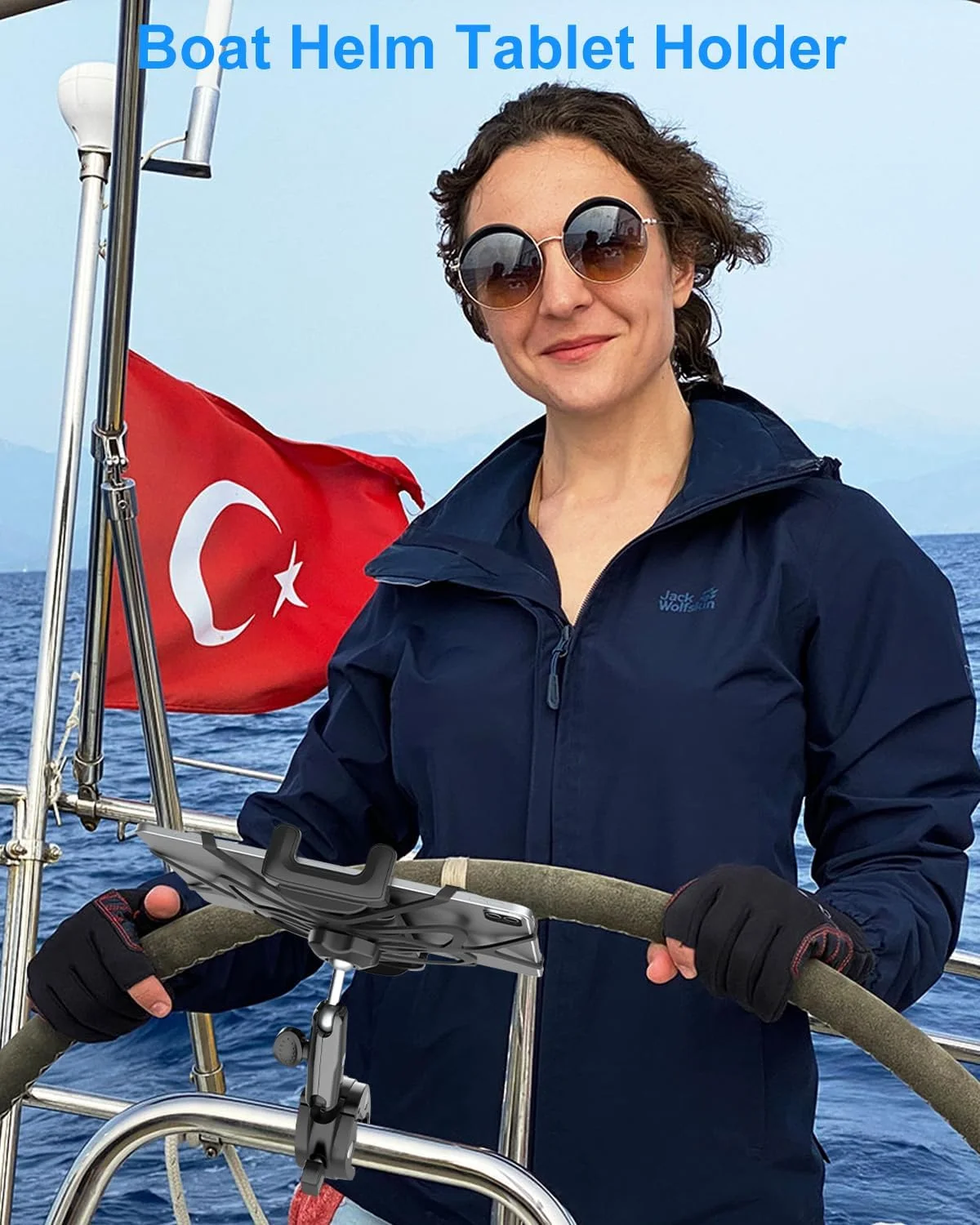 نگهدارنده تبلت برای سکان قایق، پایه نگهدارنده تبلت ریلی با بازوی تنظیم فلزی، گیره فرمان برای قایق تندرو، سازگار با آیپد پرو 12.9، ایر، مینی، گلکسی تب، آیفون 17، دستگاه های 4-13 اینچی