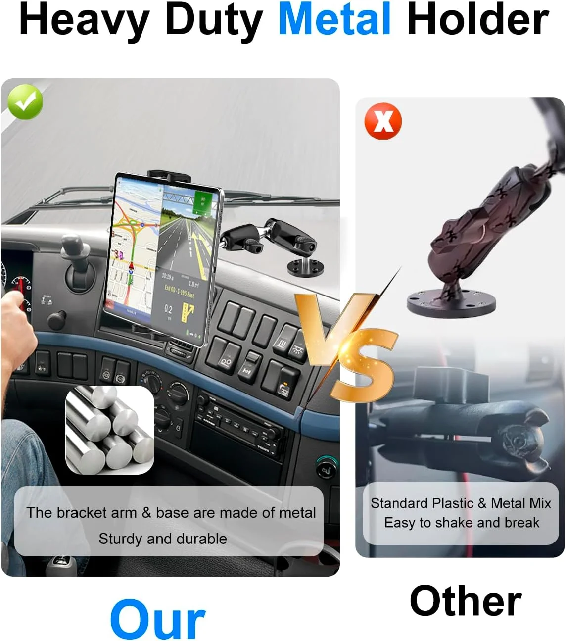 پایه تبلت صنعتی سنگین با بازوی فلزی قابل تنظیم، مناسب برای کامیون، خودرو، وانت، داشبورد، قایق، دیوار، میز، مناسب برای آیپد پرو ایر مینی و آیفون 4 تا 13 اینچ