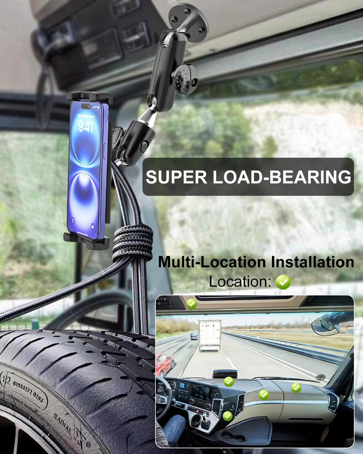 پایه تبلت صنعتی سنگین با بازوی فلزی قابل تنظیم، مناسب برای کامیون، خودرو، وانت، داشبورد، قایق، دیوار، میز، مناسب برای آیپد پرو ایر مینی و آیفون 4 تا 13 اینچ