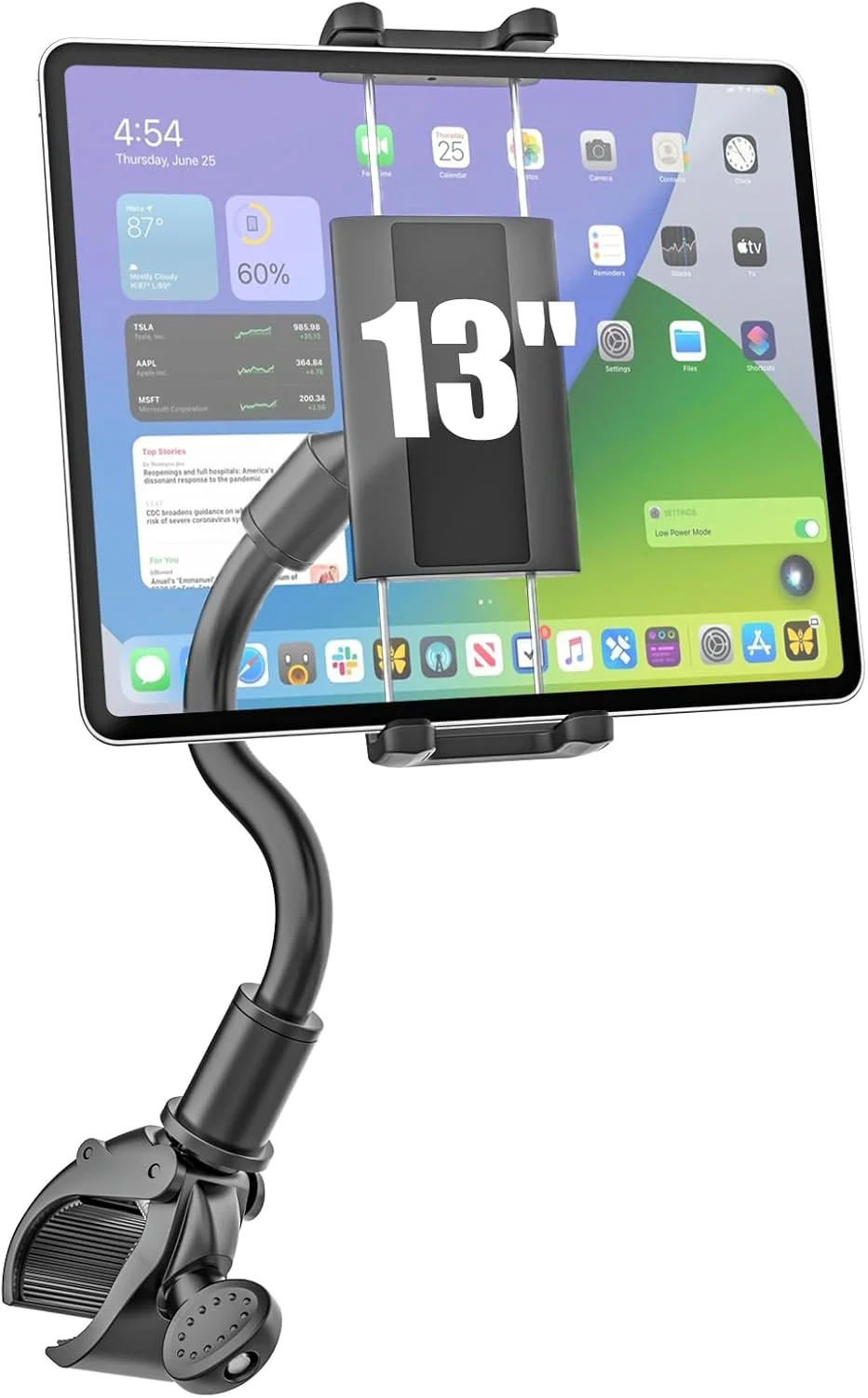 پایه تبلت و آیپد برای دوچرخه ثابت - گیره بازوی بلند گردنی برای دوچرخه پلوتون، تردمیل، ویلچر، کالسکه، دوچرخه ورزشی مناسب برای آیپد پرو/ایر/مینی، تبلت و گوشی 4 تا 13 اینچی