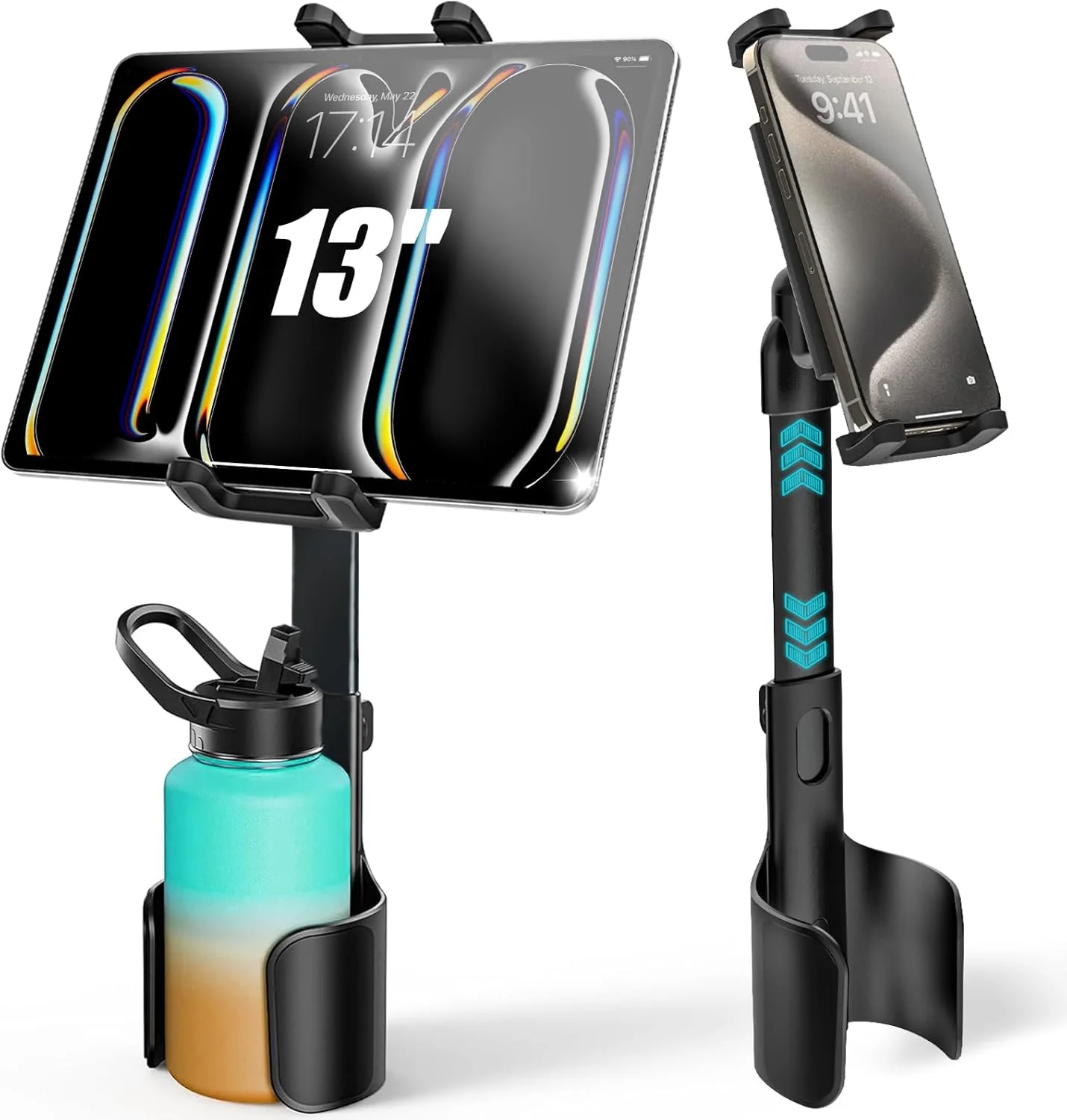 پایه تبلت نگهدارنده فنجان خودرو [مناسب برای نگهدارنده‌های فنجان گرد و مربعی] پایه نگهدارنده فنجان آیپد برای کامیون، تسلا با بازوی تلسکوپی فلزی، نگهدارنده تبلت فنجانی برای آیپد پرو ایر 4-13 اینچی، زد فولد، آیفون