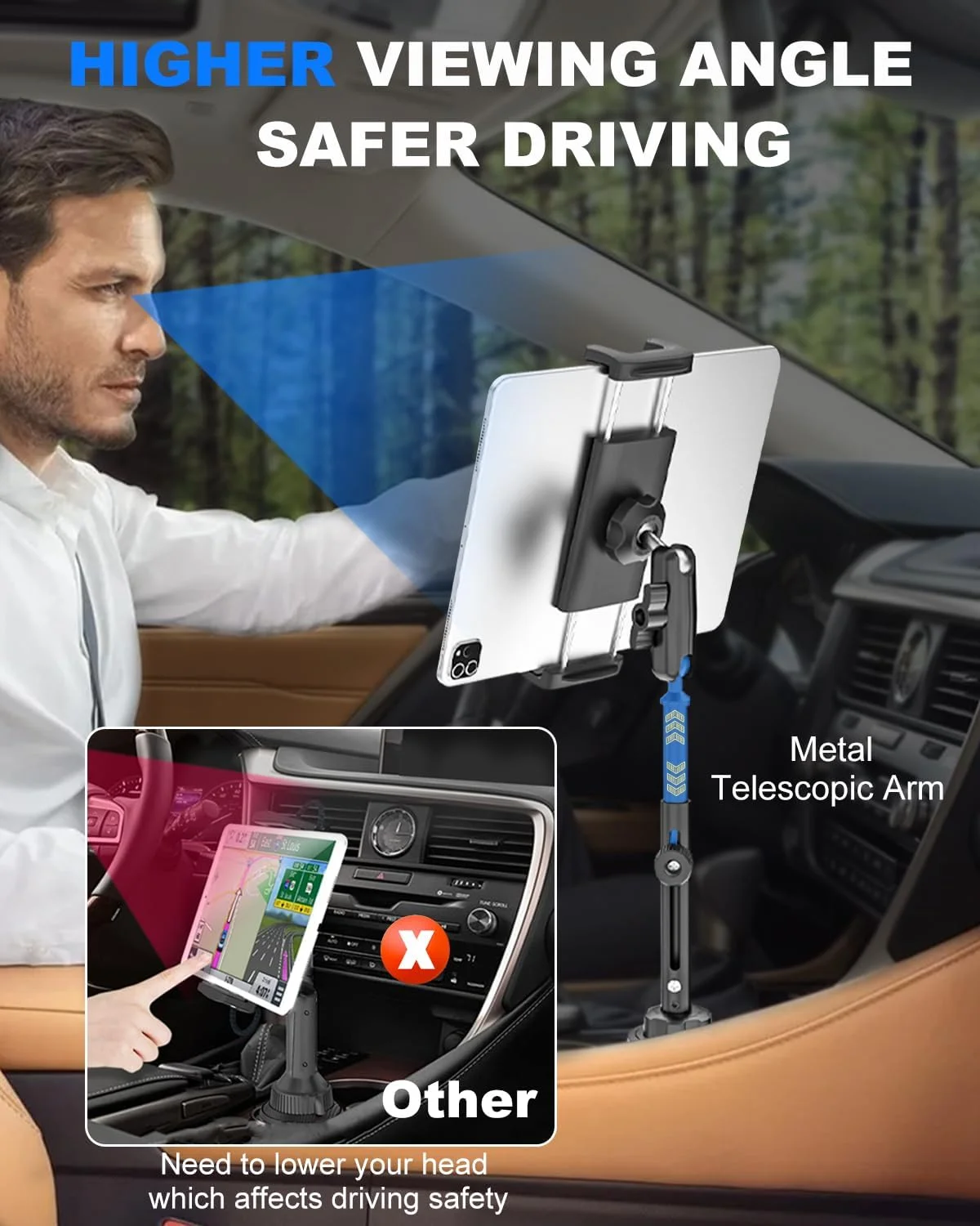 پایه نگهدارنده آیپد داخل خودرو، نصب در جالیوانی، بازوی بلند فلزی با قابلیت تنظیم ارتفاع، سازگار با آیپد پرو ایر مینی 4.7 تا 13 اینچ، گلکسی تب، آیفون و تلفن همراه