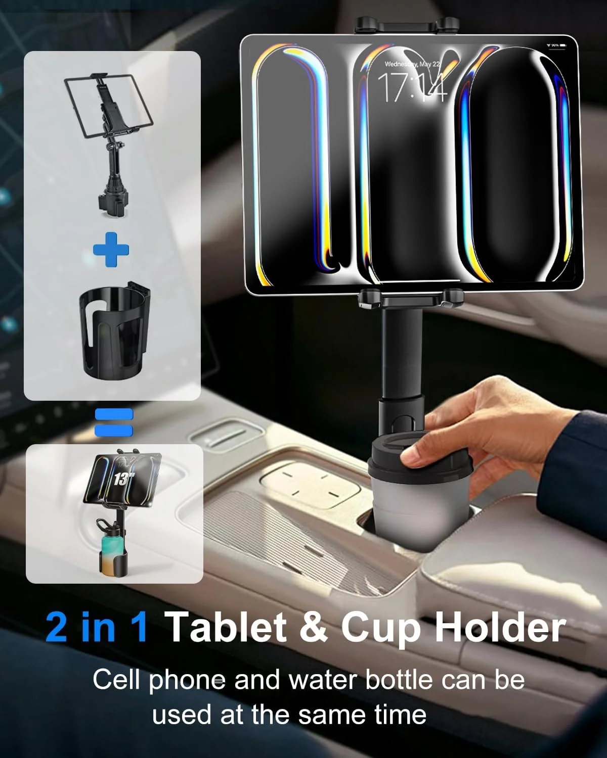 پایه تبلت نگهدارنده فنجان خودرو [مناسب برای نگهدارنده‌های فنجان گرد و مربعی] پایه نگهدارنده فنجان آیپد برای کامیون، تسلا با بازوی تلسکوپی فلزی، نگهدارنده تبلت فنجانی برای آیپد پرو ایر 4-13 اینچی، زد فولد، آیفون