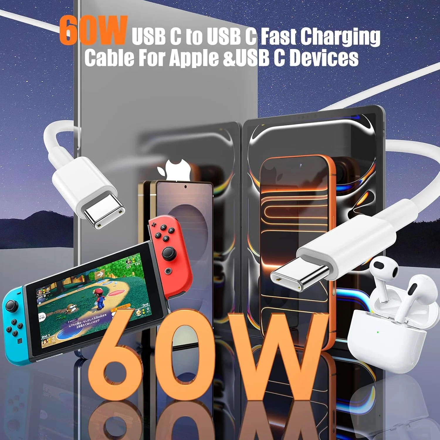 کابل USB C به USB C، بسته 3 عددی [1+2+3 متری]، کابل شارژ سریع 60 واتی، مناسب برای آیفون 17 16 15 پرو پلاس پرو مکس ایر، برای گلکسی S25، برای آیپد پرو/ایر، برای مک بوک و غیره