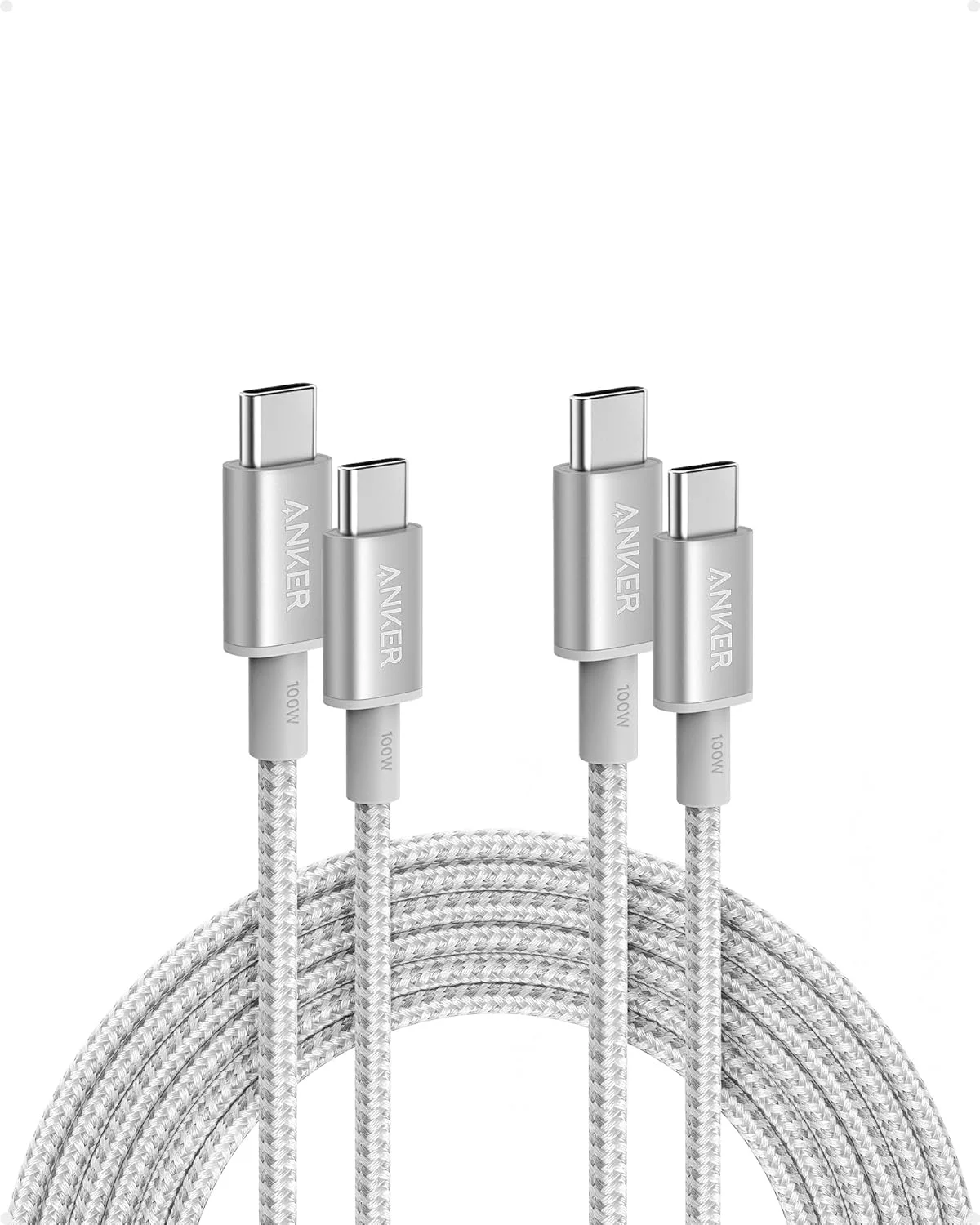 کابل USB-C به USB-C انکر (3 متر، 2 عدد)، کابل شارژ سریع 100 واتی Type-C برای سری آیفون 17، مک بوک پرو 2020، پیکسل و غیره (نقره ای)