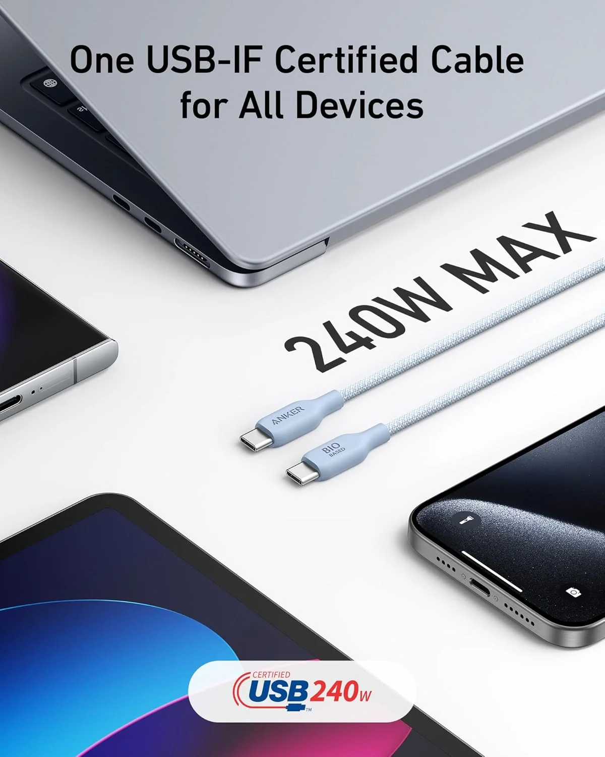 کابل USB C انکر، کابل شارژ سریع 240 واتی Type C با روکش بافته شده زیستی برای آیفون 17/17 پرو، مک بوک پرو 2020، آیپد پرو و غیره (USB 2.0، طول 3 متر، آبی یخی) کابل USB C انکر، کابل شارژ سریع 240 واتی Type C با روکش بافته شده زیستی برای آیفون 17/17 پرو، مک بوک پرو 2020، آیپد پرو و غیره (USB 2.0، طول 3 متر، آبی یخی)