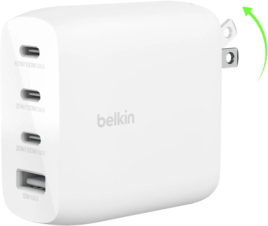 شارژر دیواری 4 پورت 112 واتی GaN بلکین، شارژ فوق سریع USB-C Power Delivery و پورت USB-A - MacBook، Samsung Galaxy S25، Apple iPhone 17، Air، iPad، Google Pixel، Nintendo Switch 2 و غیره - سفید