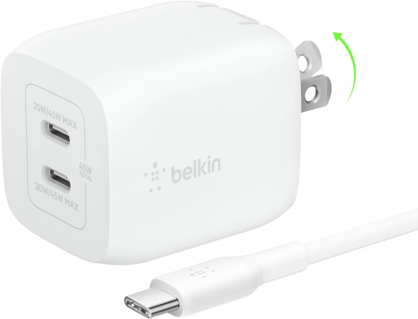 آداپتور شارژر دو پورت 45 وات بلکین - شامل کابل C به C - شارژ فوق العاده سریع GaN PD3.0 - سازگار با Samsung Galaxy S25, MacBook, iPhone 17, iPad, AirPods, Google Pixel 10, Nintendo Switch 2 و غیره - سفید